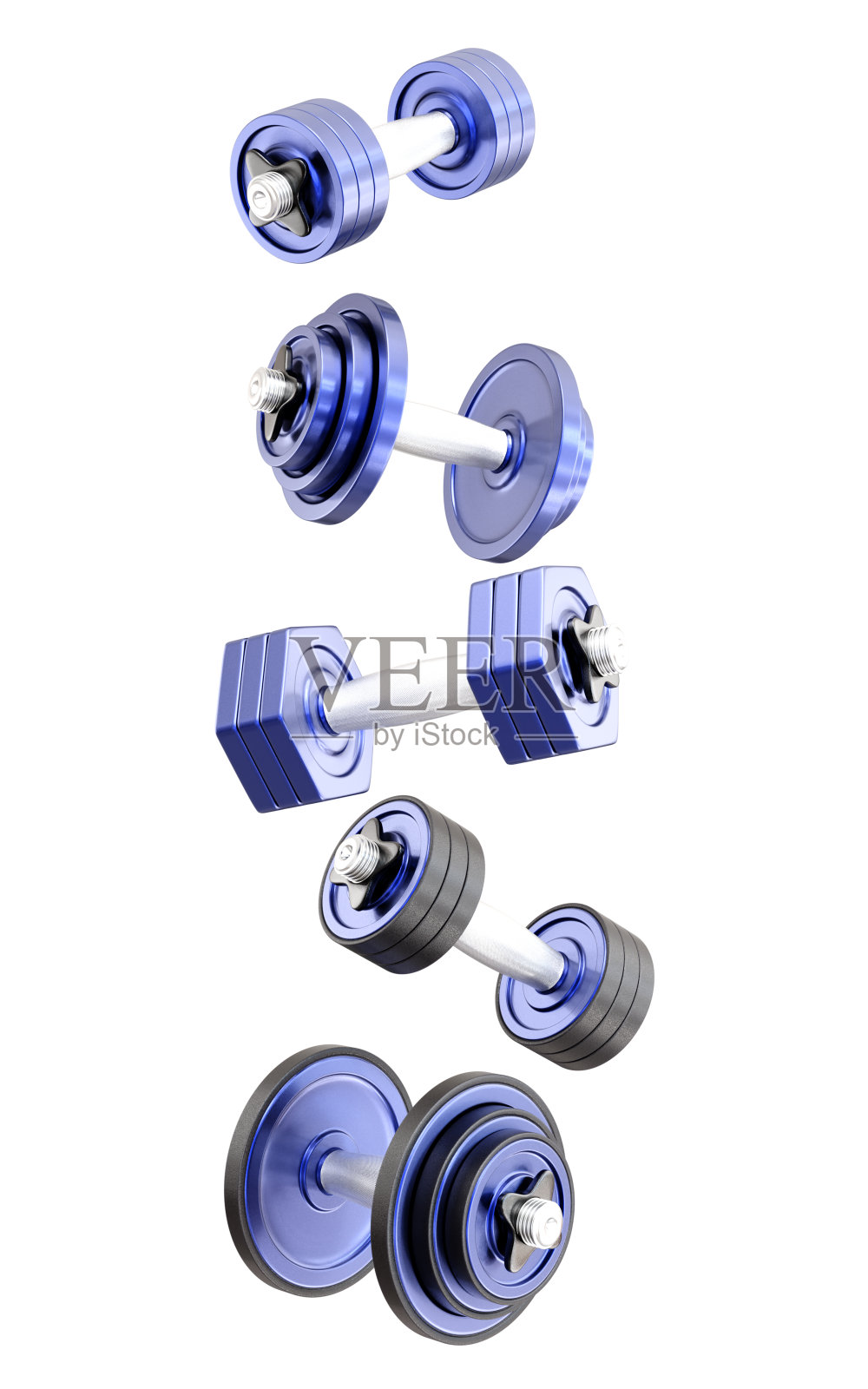 一组飞行的金属哑铃。三维渲染照片摄影图片