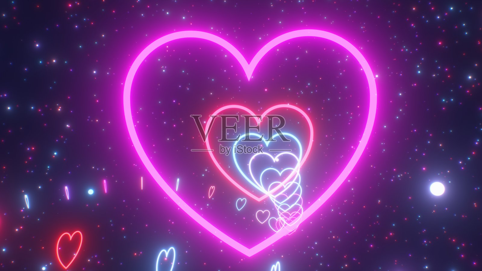 漂亮的粉红色和蓝色霓虹灯发光爱心无尽的3D隧道发光-抽象的背景纹理照片摄影图片