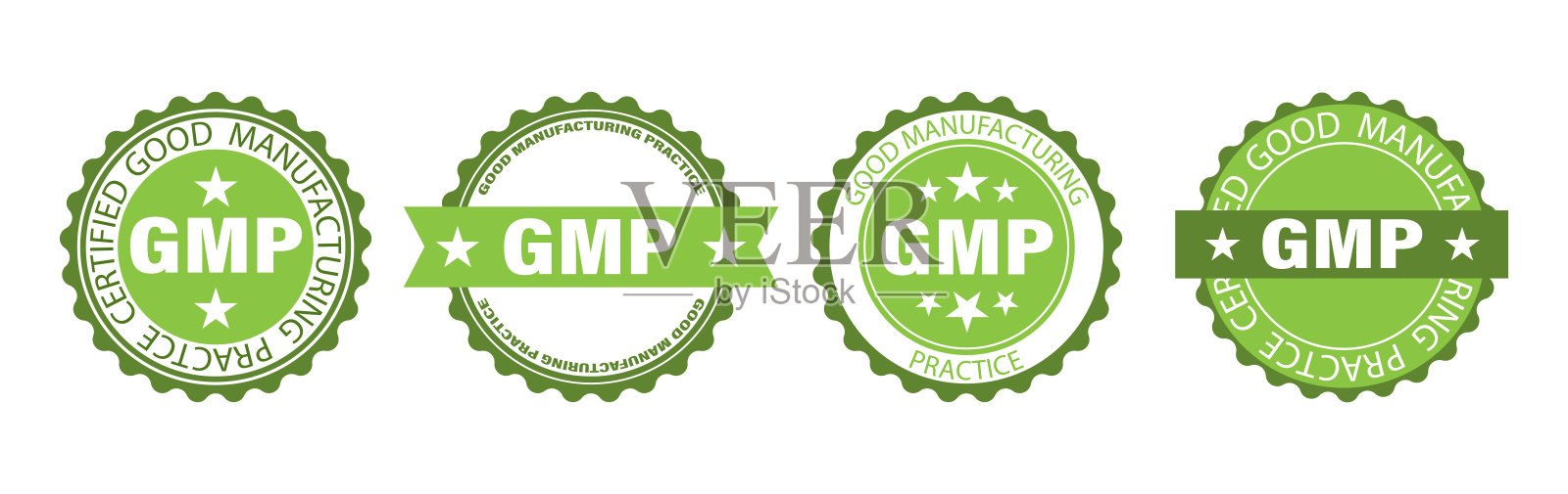 GMP圆标套。具有良好生产规范标签的产品的认证工业贴纸插画图片素材