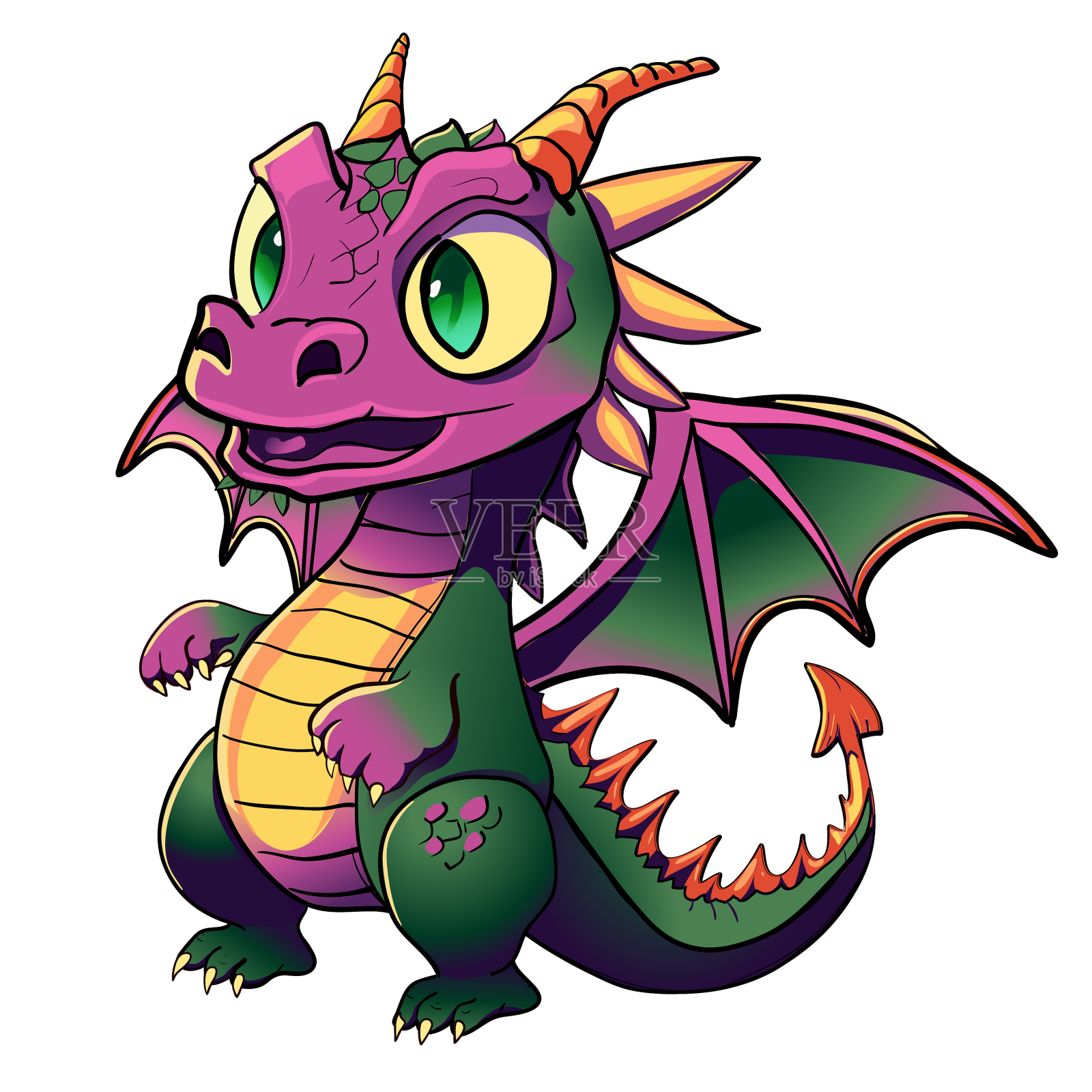 卡通绿龙人物贴纸孤立设计元素图片