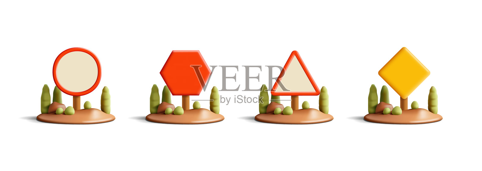 主要形式为3D交通规则道路标志。空白的迹象。自然元素，树木，景观。对于城市内外交通规则的概念。插画图片素材