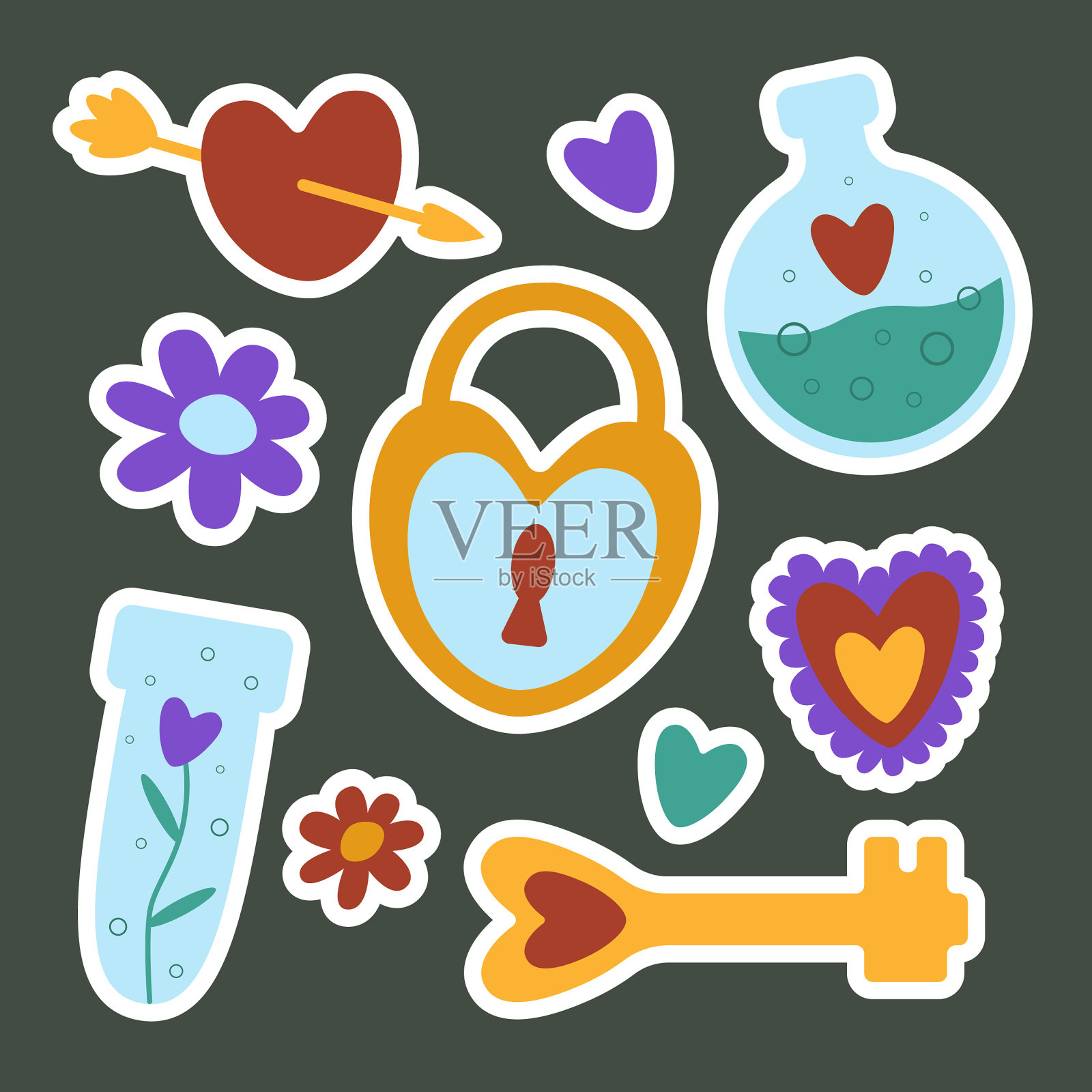 矢量组贴纸的情人节。爱情魔术，鲜花，心灵插画图片素材