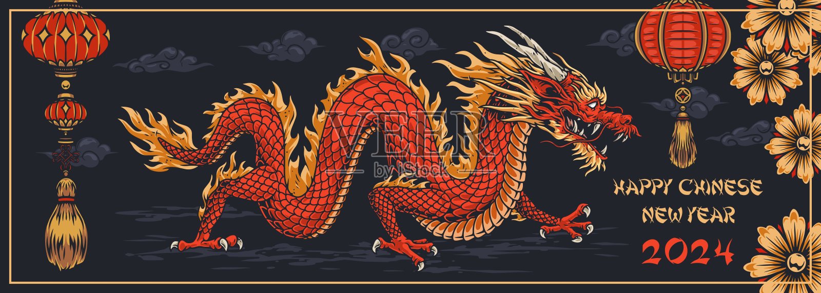 新年飞龙五彩缤纷插画图片素材