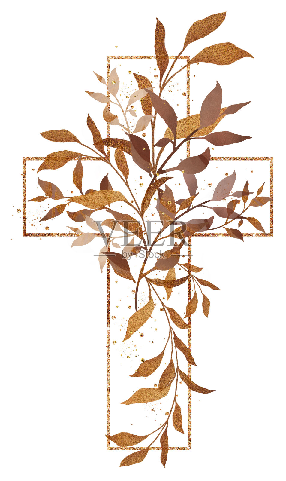 图形复活节十字架剪贴画，绿色植物安排，洗礼十字架DIY邀请，叶子分支婚礼剪贴画，金色框架和树叶，圣灵，宗教插画图片素材