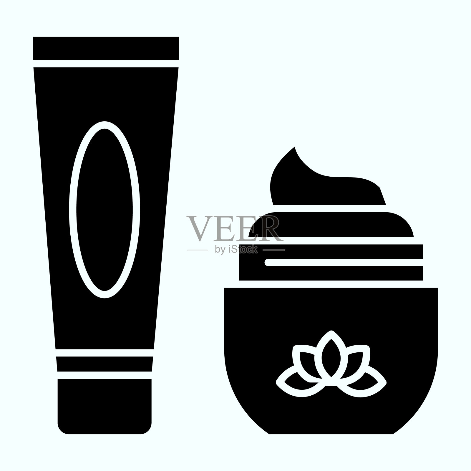 奶油色的固体图标。两个瓶子与奶油矢量插图隔离在白色。美容液体字形风格设计和应用程序。Eps 10。插画图片素材