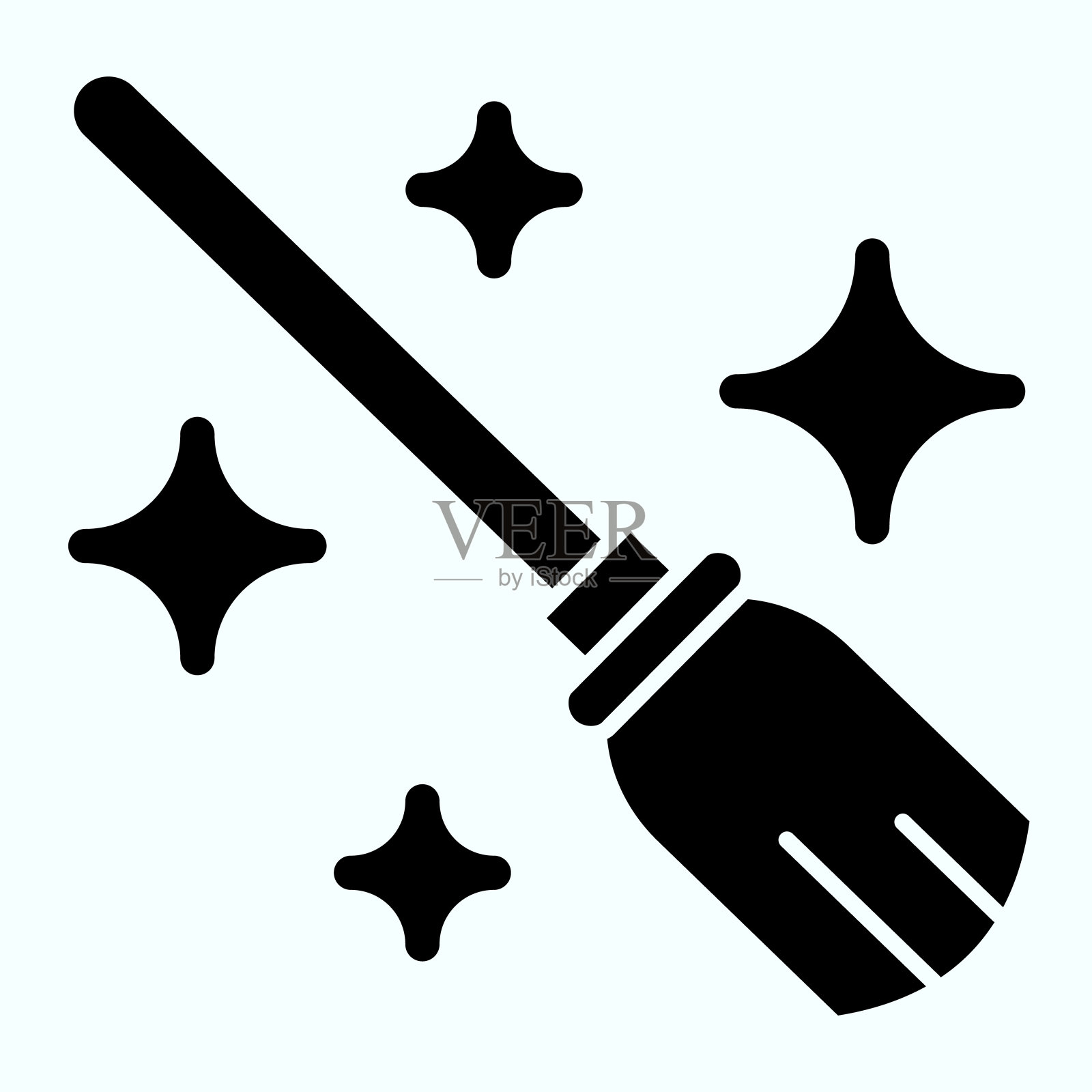魔法扫帚的固体图标。巫师园艺飞行工具在天空与星星。万圣节矢量设计概念，字形风格的象形文字在白色的使用和应用程序。插画图片素材