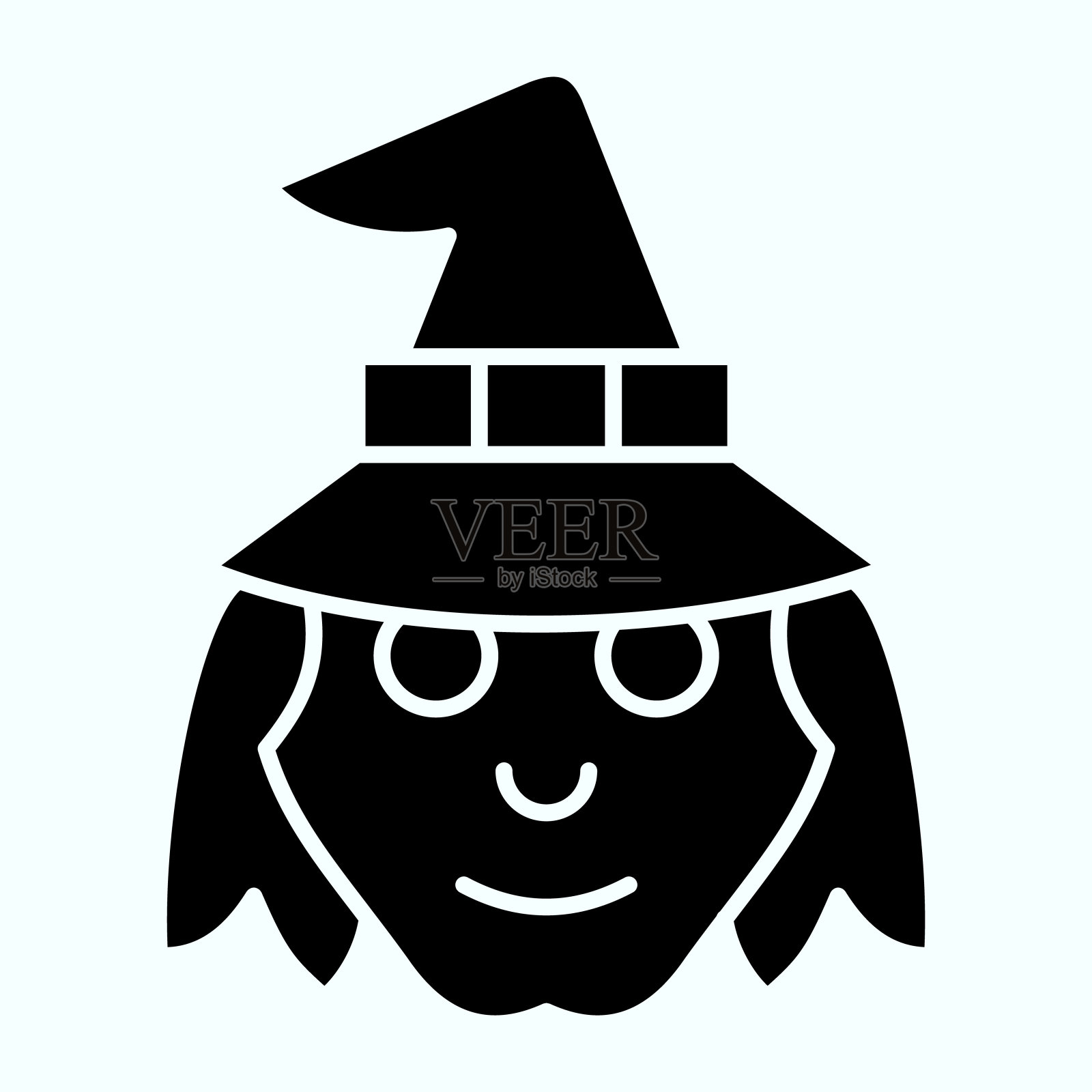 女巫头在帽子固体图标。恶脸女人的剪影。万圣节矢量设计概念，字形风格的象形文字在白色的使用和应用程序。插画图片素材