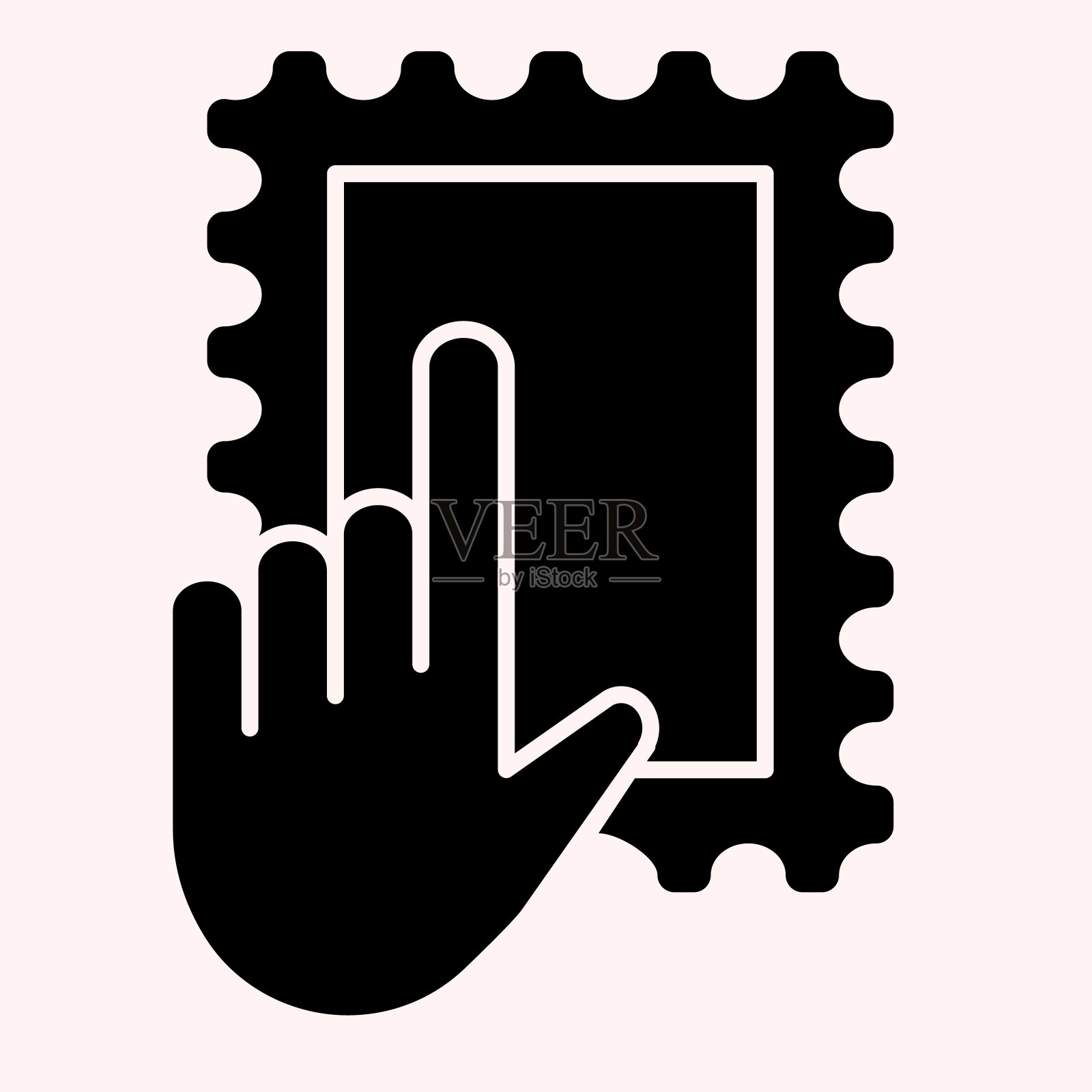 邮政标记与手字形图标。胶水贴纸和指针。邮政服务矢量设计概念，固体风格的象形文字在白色的使用和应用程序。插画图片素材