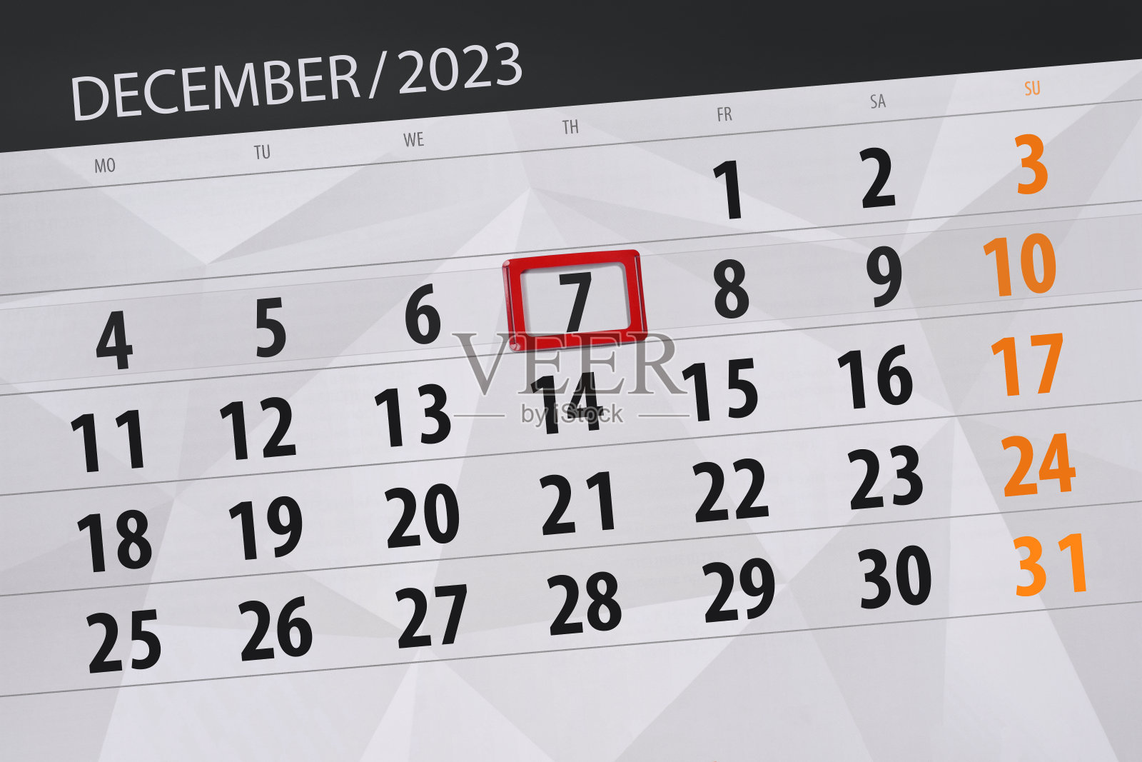 日历2023年，截止日期，日期，月，页，组织者，日期，12月，星期四，7号插画图片素材