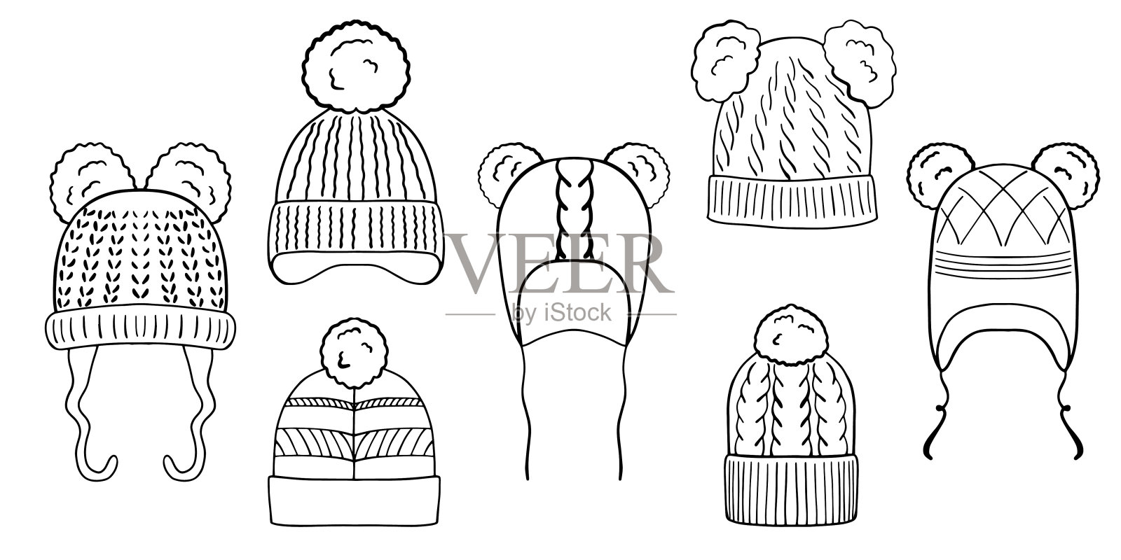 一套手绘儿童冬帽。涂鸦矢量插图隔离在白色背景插画图片素材
