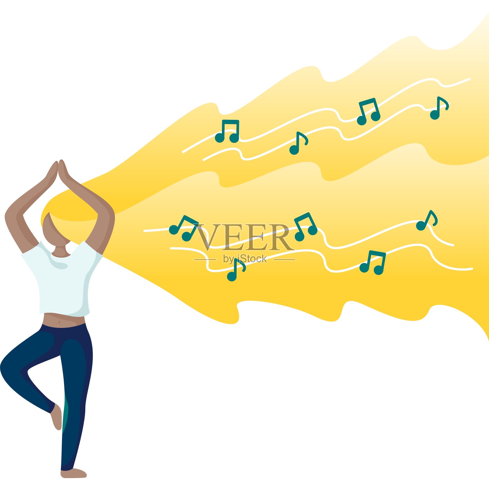 女人做瑜伽听疗愈音乐矢量正念和和谐图标孤立的白色插画图片素材