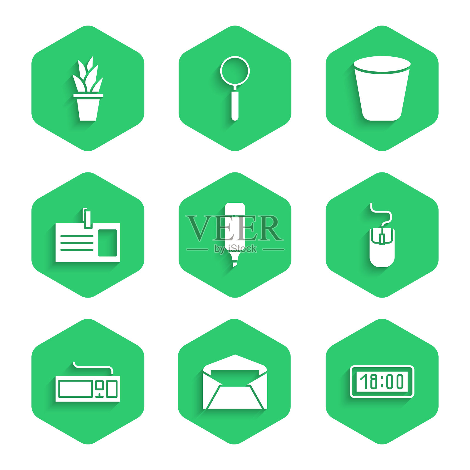 设置记号笔，信封，数字闹钟，电脑鼠标，键盘，识别徽章，垃圾桶和盆栽图标。向量插画图片素材