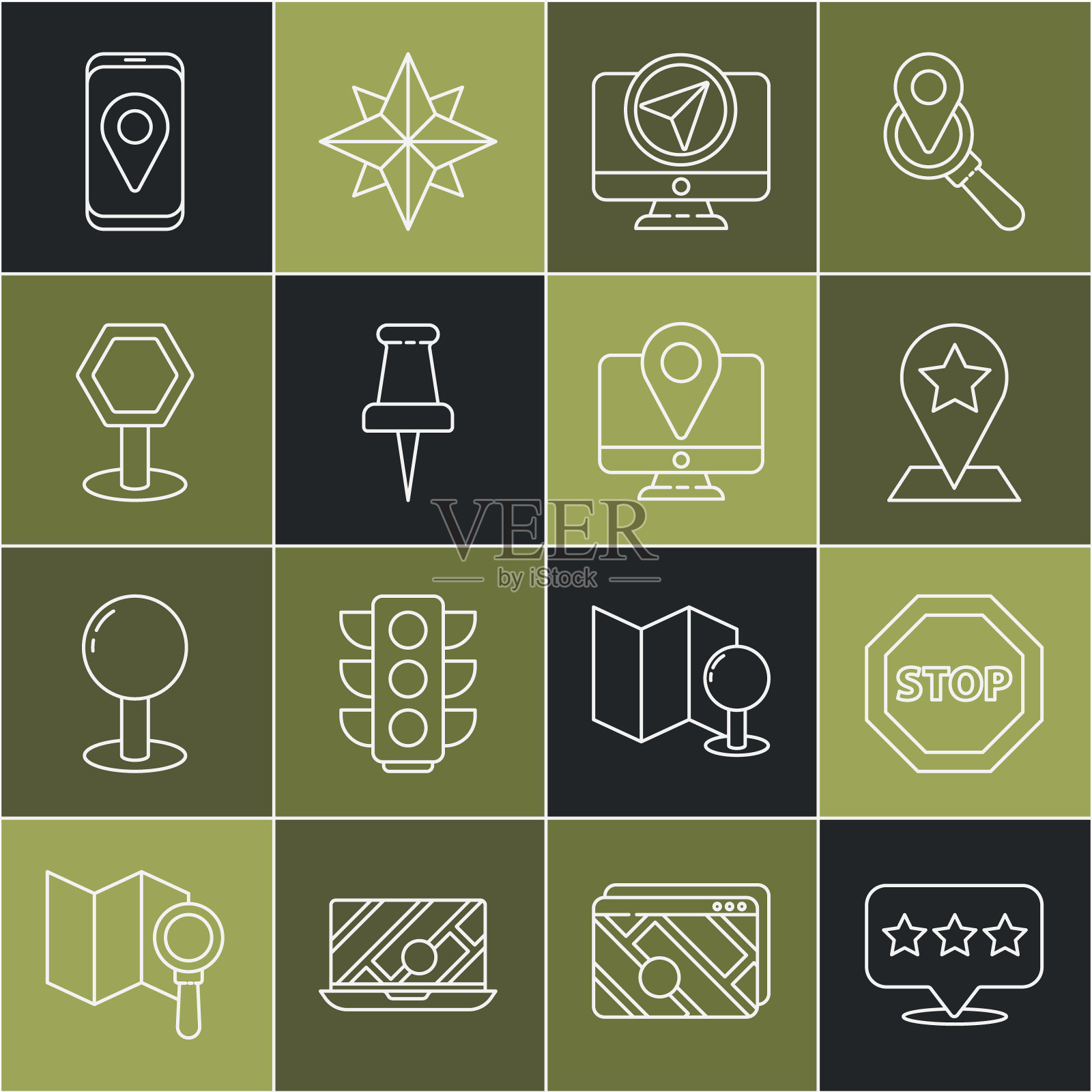 设置线地图指针星形，停止标志，监视器位置标记，推销，道路交通，城市地图导航和图标。向量插画图片素材