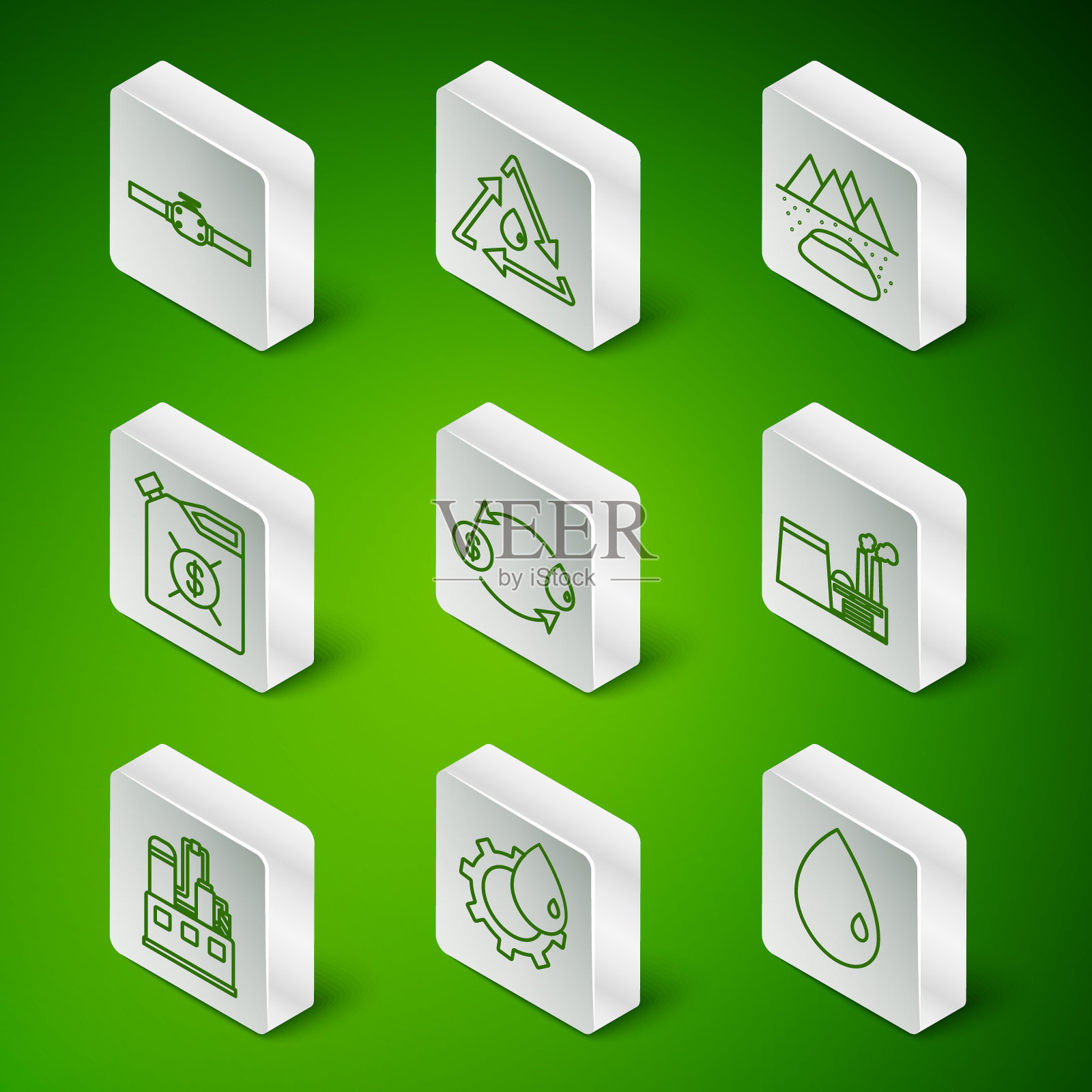 集油滴，工业厂房，工业管道和阀门，交换，电机机油罐，带回收，图标。向量插画图片素材