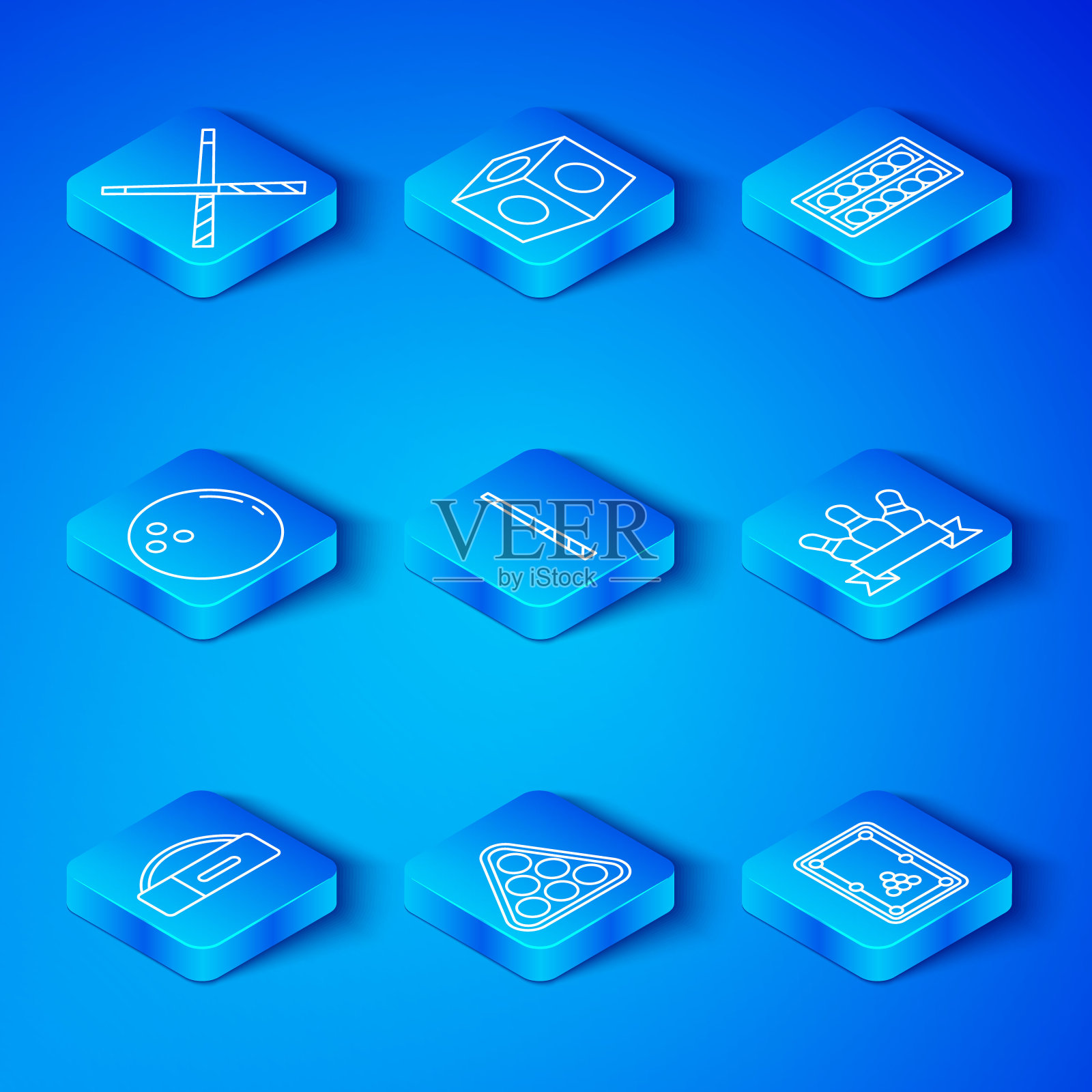 设置线案例台球球杆，台球，球在架三角形，保龄球瓶，在看台上，交叉的线索和表图标。向量插画图片素材