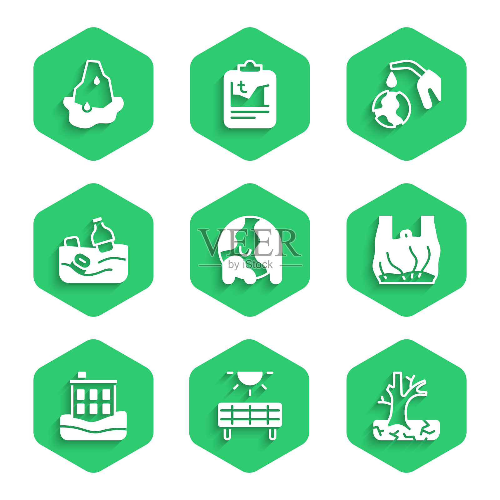 设置全球变暖，太阳能板，枯萎的树，对塑料袋说不海报，房子洪水，海洋污染问题，油泵喷嘴和地球和冰川融化图标。向量插画图片素材