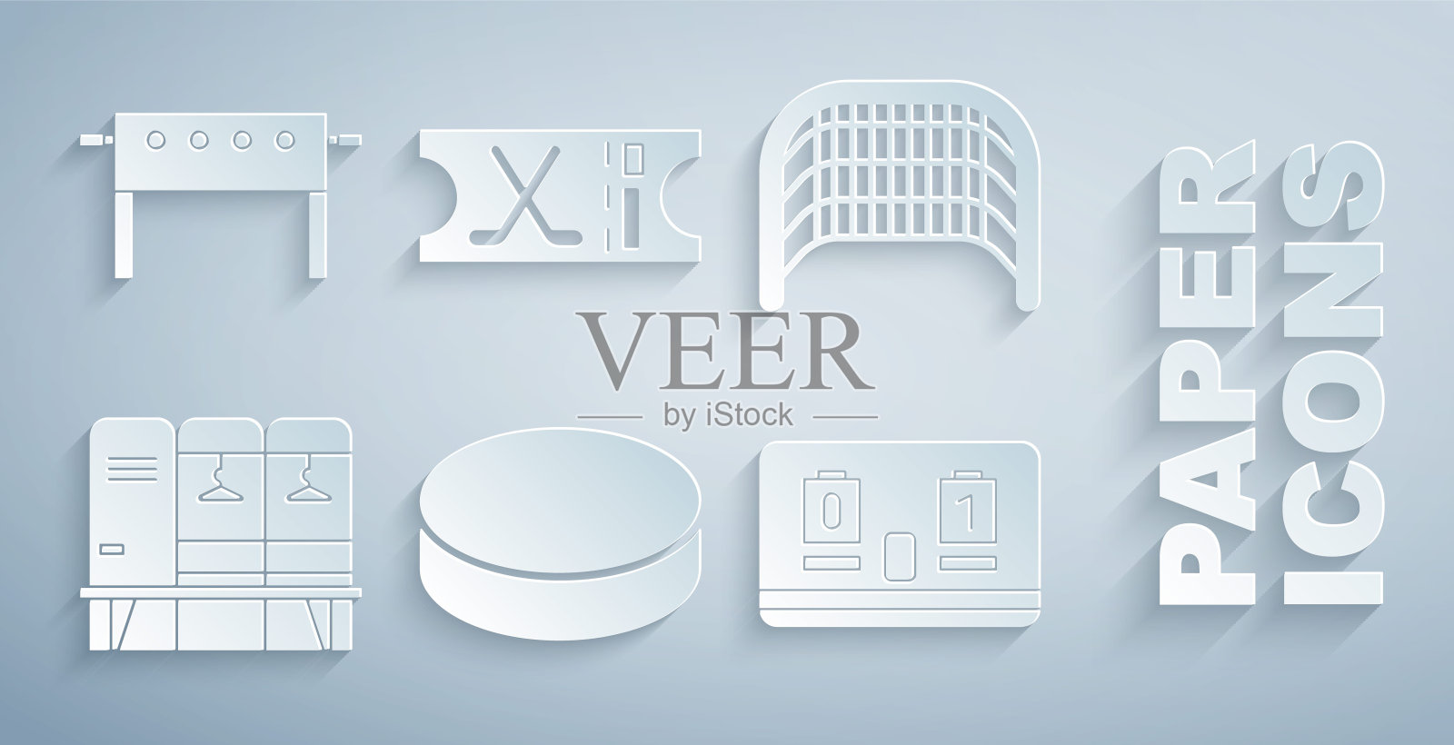 设置冰球，冰球目标，更衣室或更衣室，机械记分牌，体育门票和桌子图标。向量插画图片素材