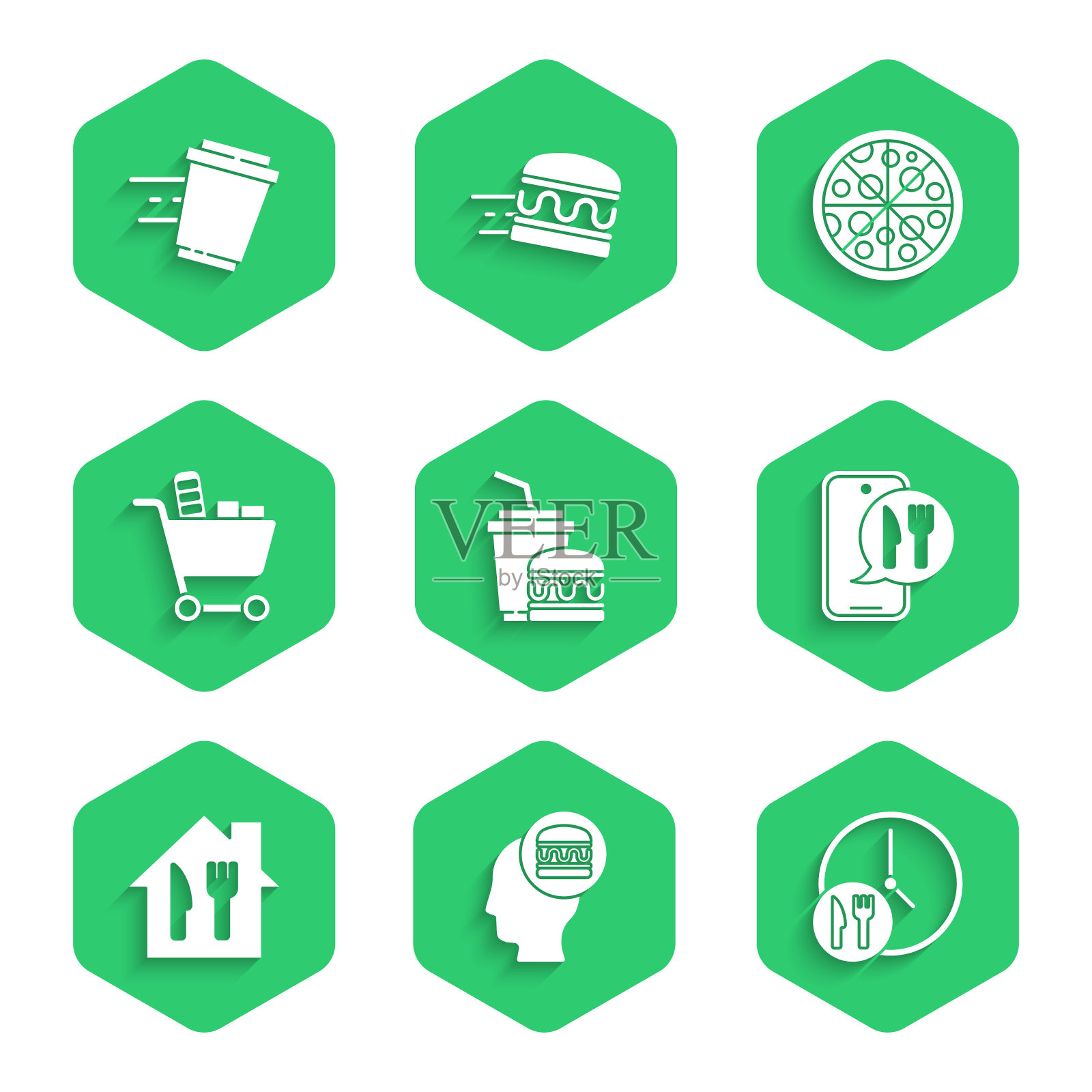 集纸杯和汉堡，网上订购送货，24小时，购物车食品，比萨和咖啡杯去图标。向量插画图片素材