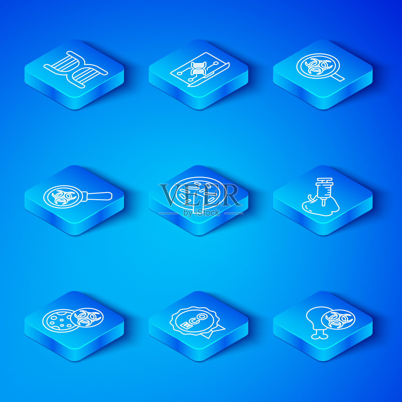 设置转基因，细菌培养皿，生态健康食品标签，转基因苹果，生物危害和放大镜，DNA符号和转基因研究鸡图标。向量插画图片素材