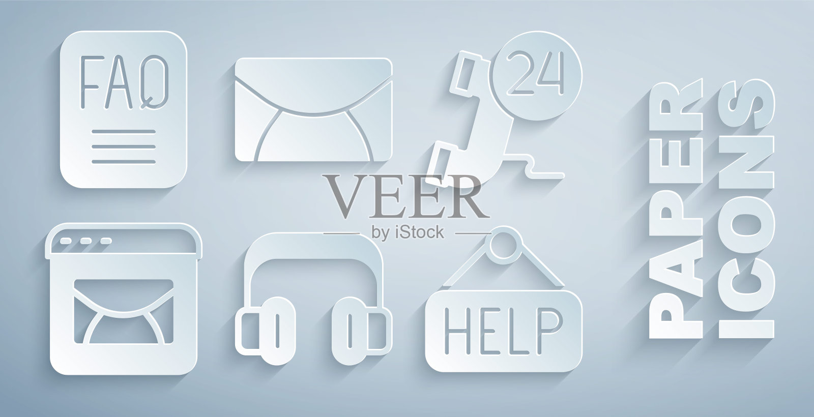 设置耳机，电话24小时支持，邮件和电子邮件，带有文本帮助的招牌，和FAQ信息图标。向量插画图片素材