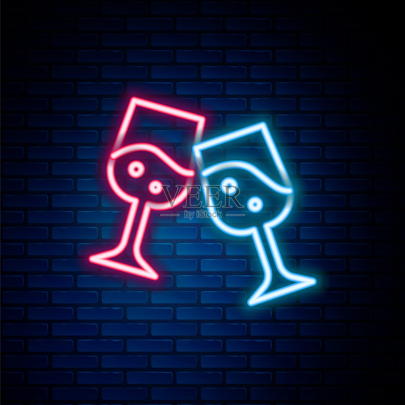 发光的霓虹灯线香槟图标隔离在砖墙背景玻璃。色彩缤纷的轮廓概念。向量插画图片素材