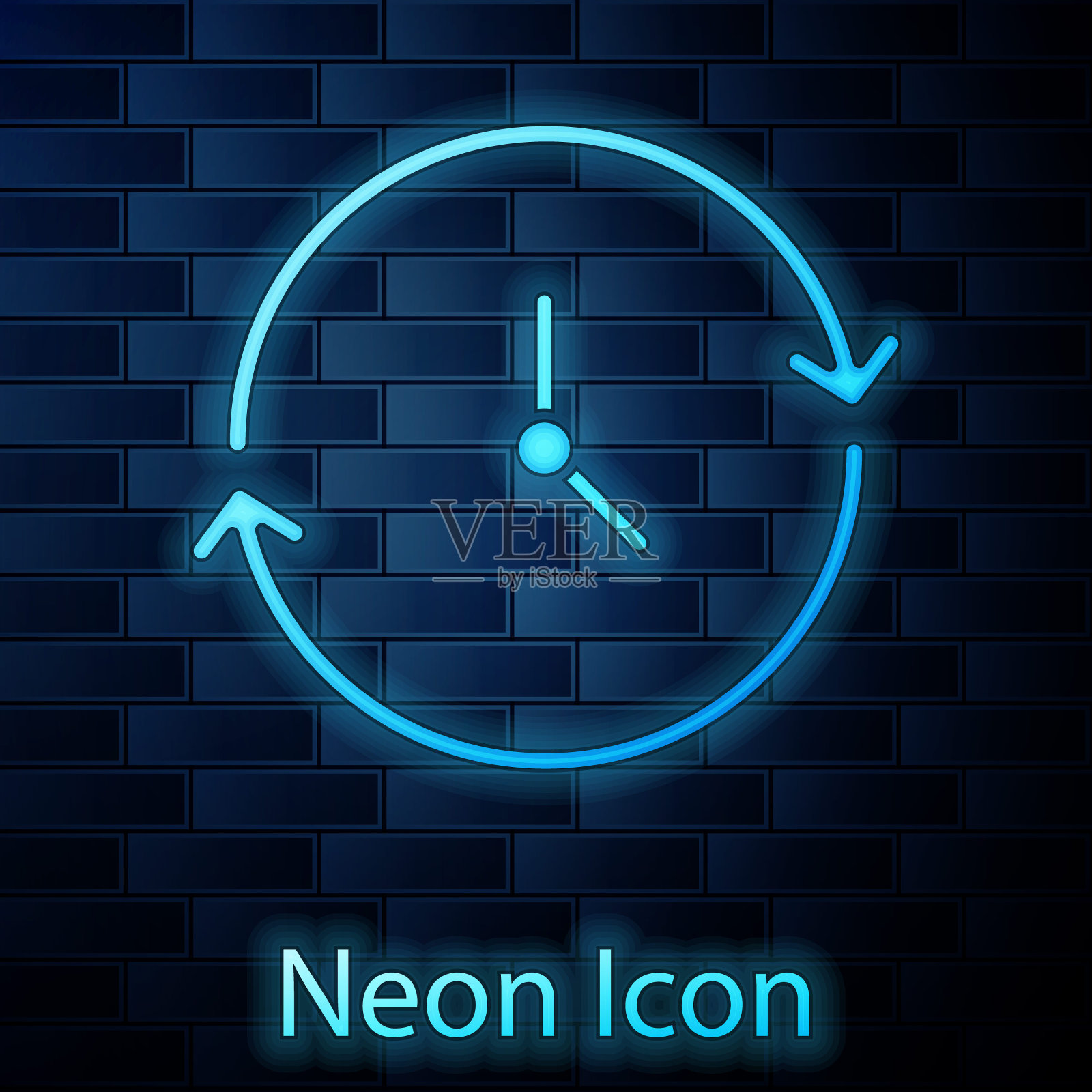 发光的霓虹灯时钟图标孤立的砖墙背景。时间的象征。向量插画图片素材