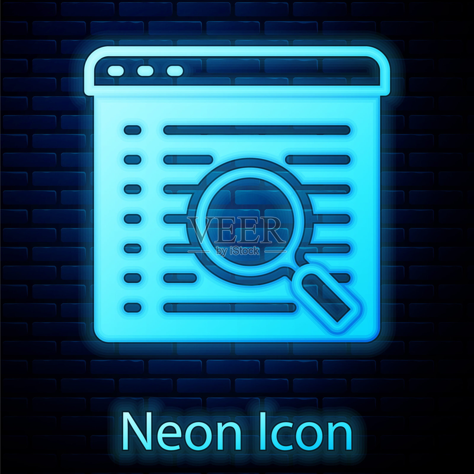 发光的霓虹灯搜索引擎图标孤立的砖墙背景。向量插画图片素材