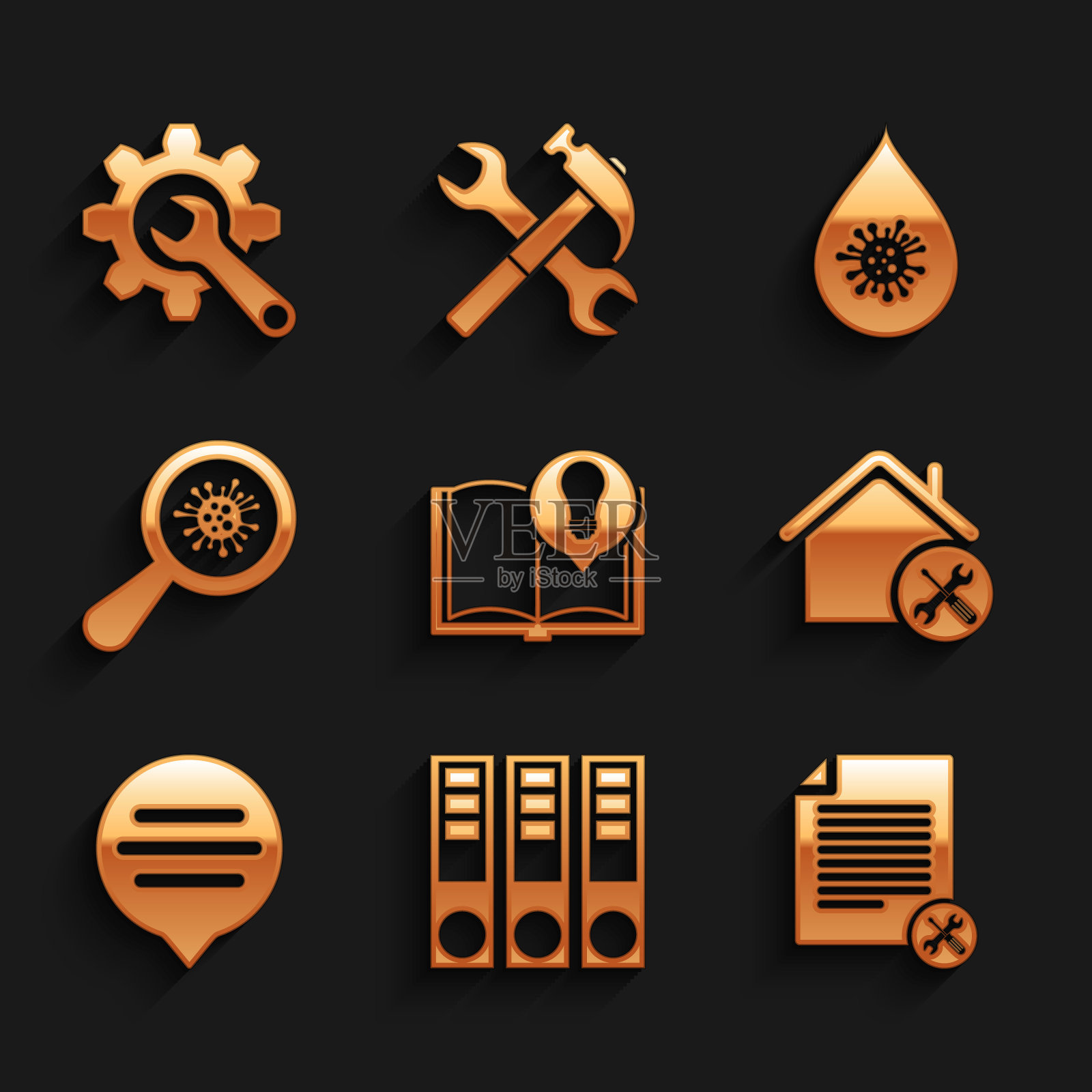 设置有趣的事实，办公室文件夹，文件文件服务，房子，语音气泡聊天，微生物在放大镜下，脏水滴和扳手和齿轮图标。向量插画图片素材