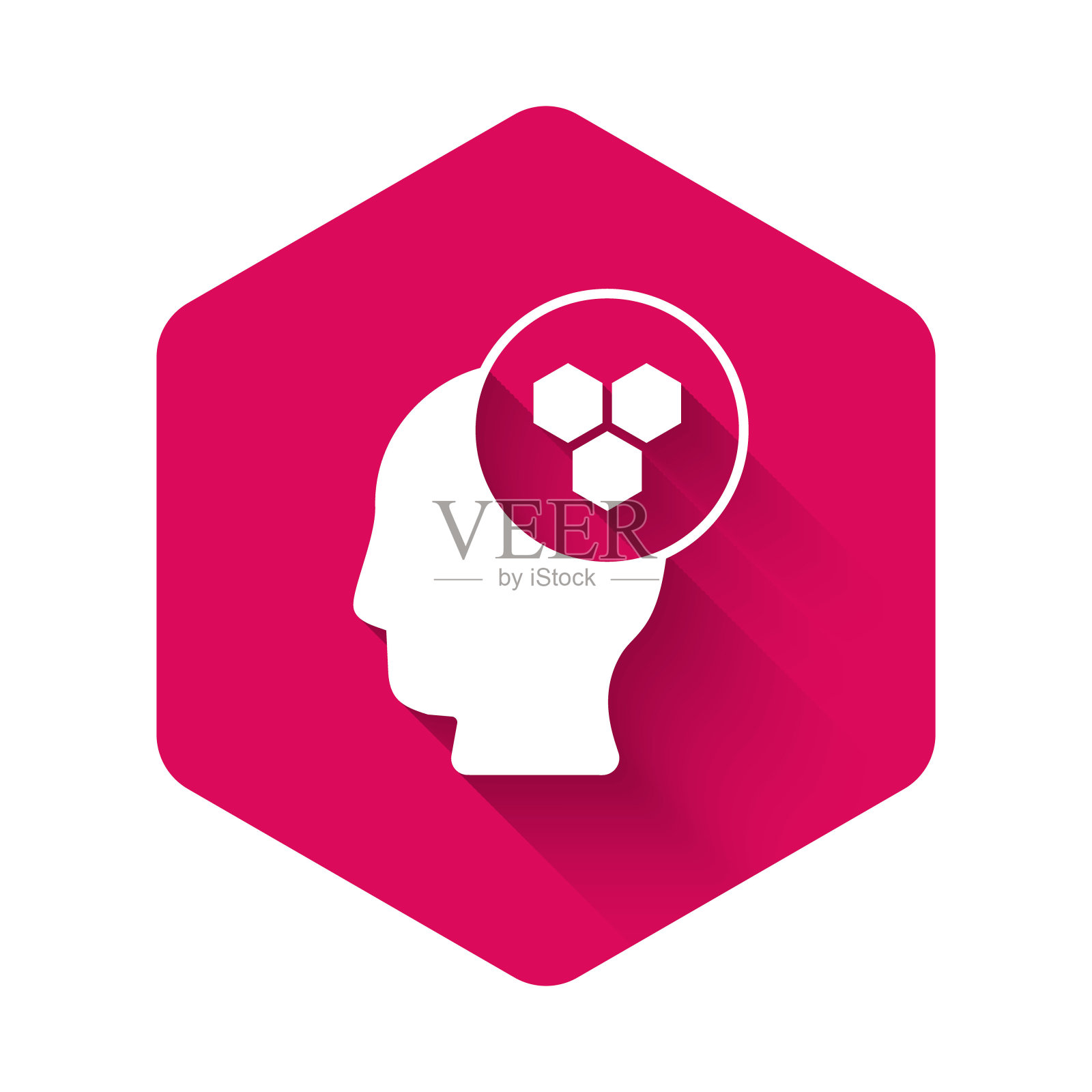 白色养蜂人图标与长阴影背景隔离。特殊防护制服。粉红色六边形按钮。向量插画图片素材