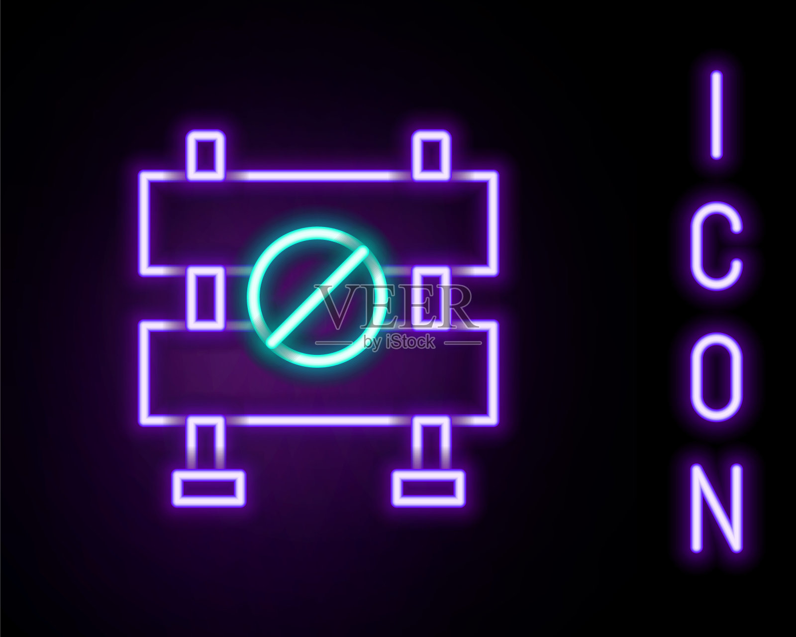 发光的霓虹线道路障碍图标孤立的黑色背景。在施工过程中限制区域的标志。修复工作。色彩缤纷的轮廓概念。向量插画图片素材