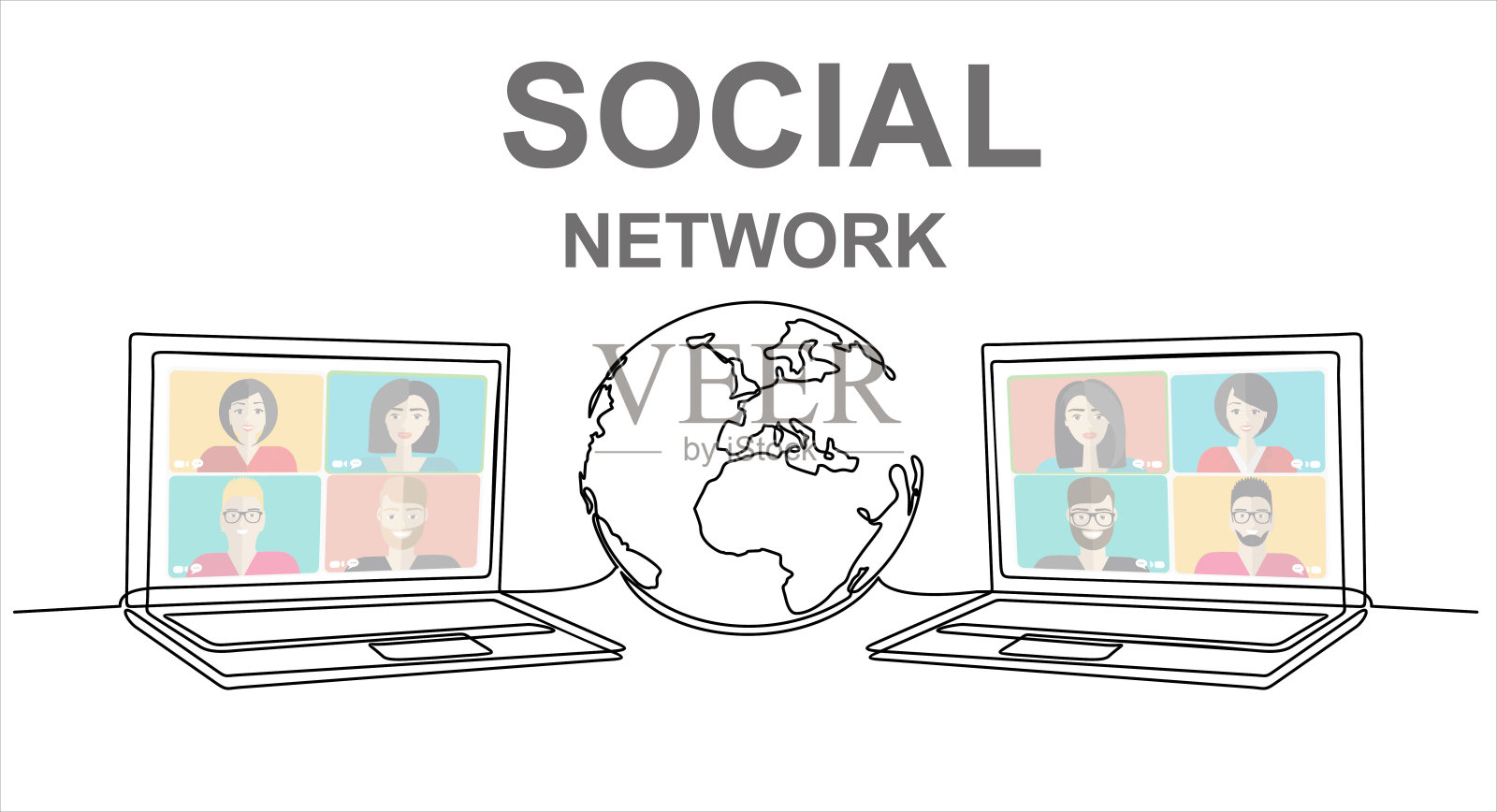 社交网络。连续的一条线绘制笔记本电脑，屏幕和地球仪上有一些人。学习或在线会议与电话会议，视频会议远程工作，在家工作。插画图片素材