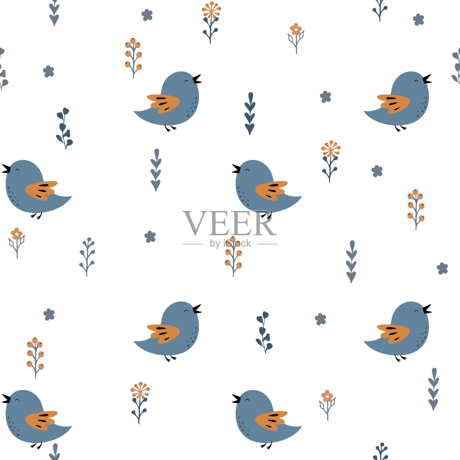 无缝可爱的小鸟，树叶，树枝和花朵。春夏概念。极简主义图形绘画。插画图片素材