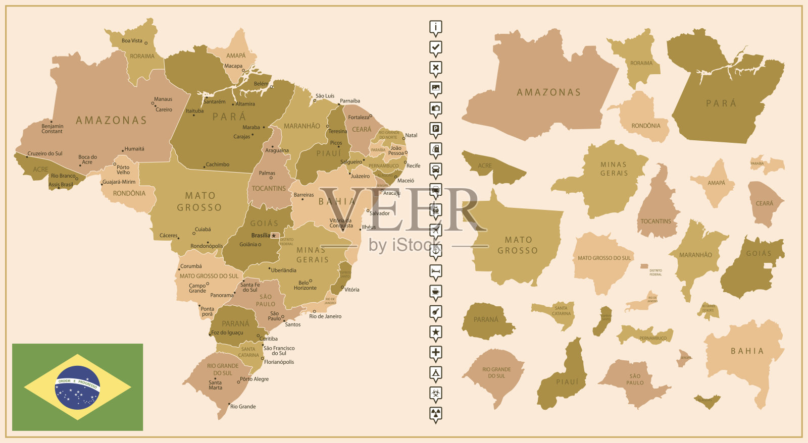巴西-这个国家的详细地图，用棕色标出，分为几个地区。插画图片素材