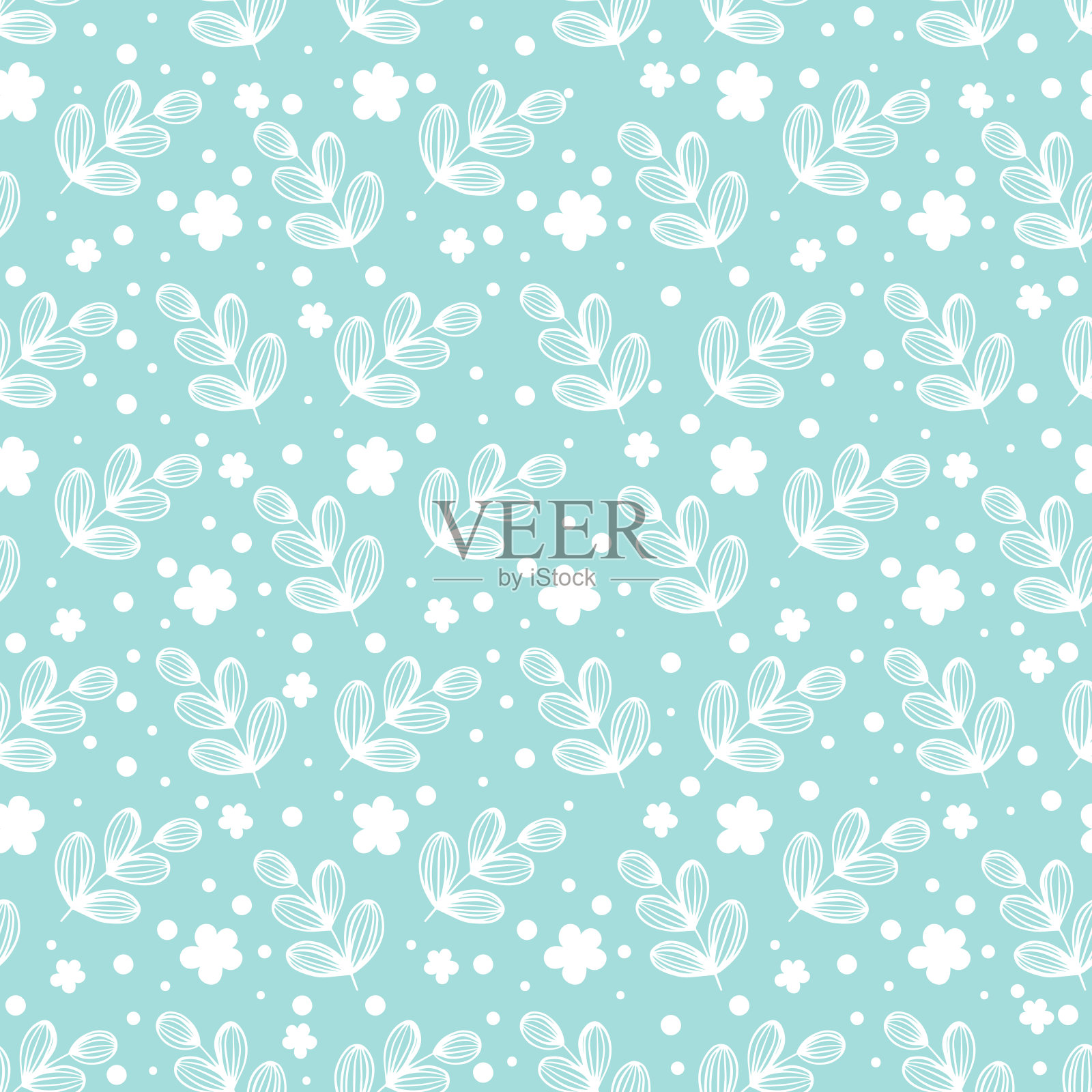 精致的印花与树叶和花朵在蓝色。半简单图案插画图片素材