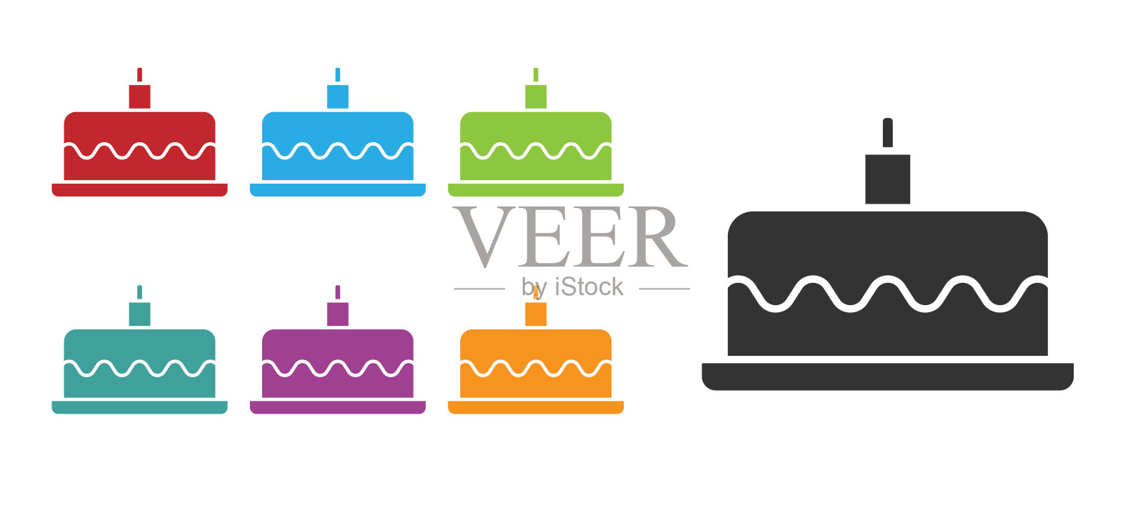 黑蛋糕与燃烧的蜡烛图标孤立的白色背景。生日快乐。设置图标彩色。向量插画图片素材