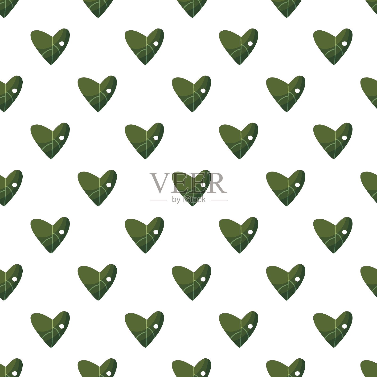 无缝图案:抽象绿叶心。心形植物叶片。白色背景上的无缝图案。用于壁纸，织物，横幅，卡片，壁纸背景。矢量插图。插画图片素材