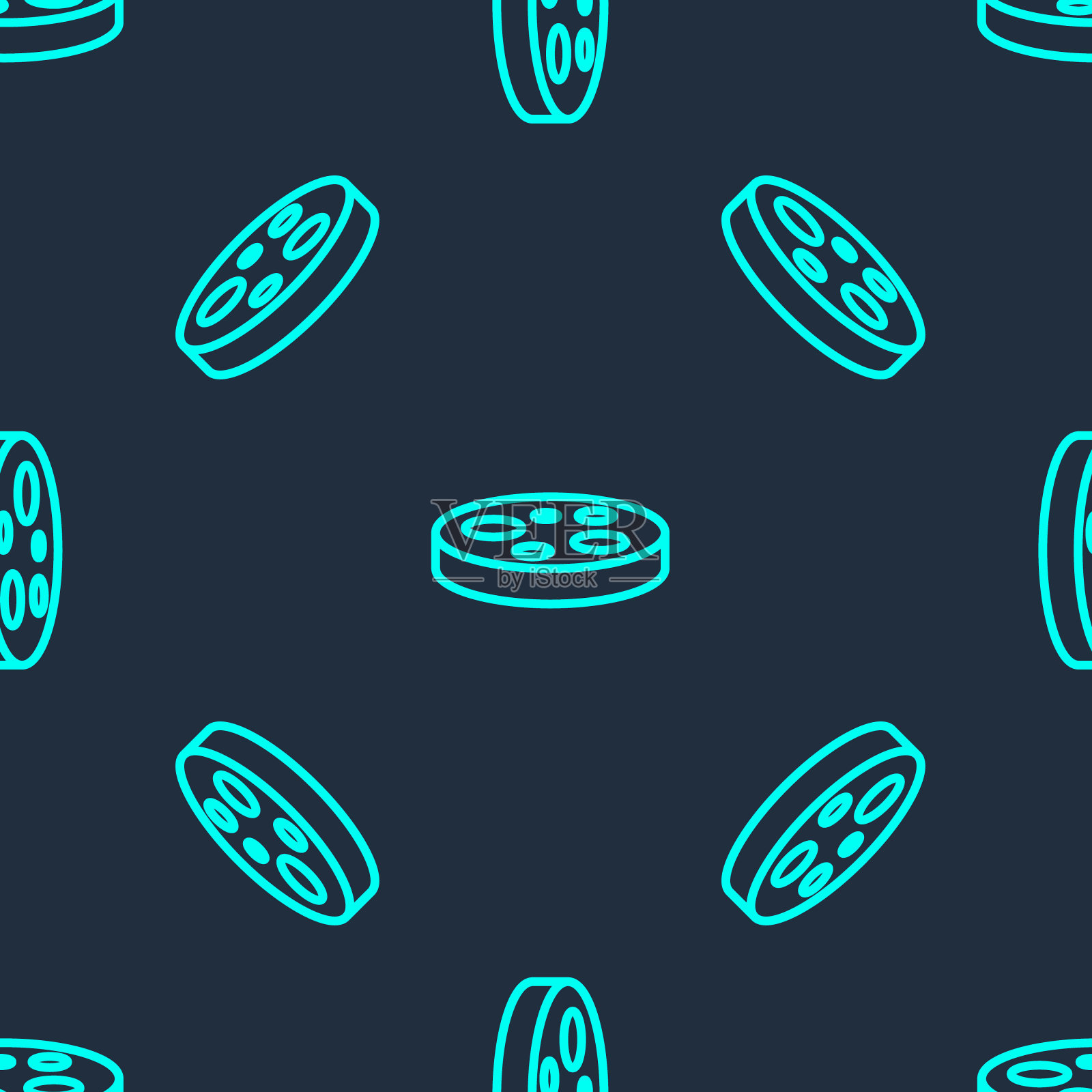 绿线培养皿与细菌图标隔离无缝图案在蓝色背景。向量插画图片素材