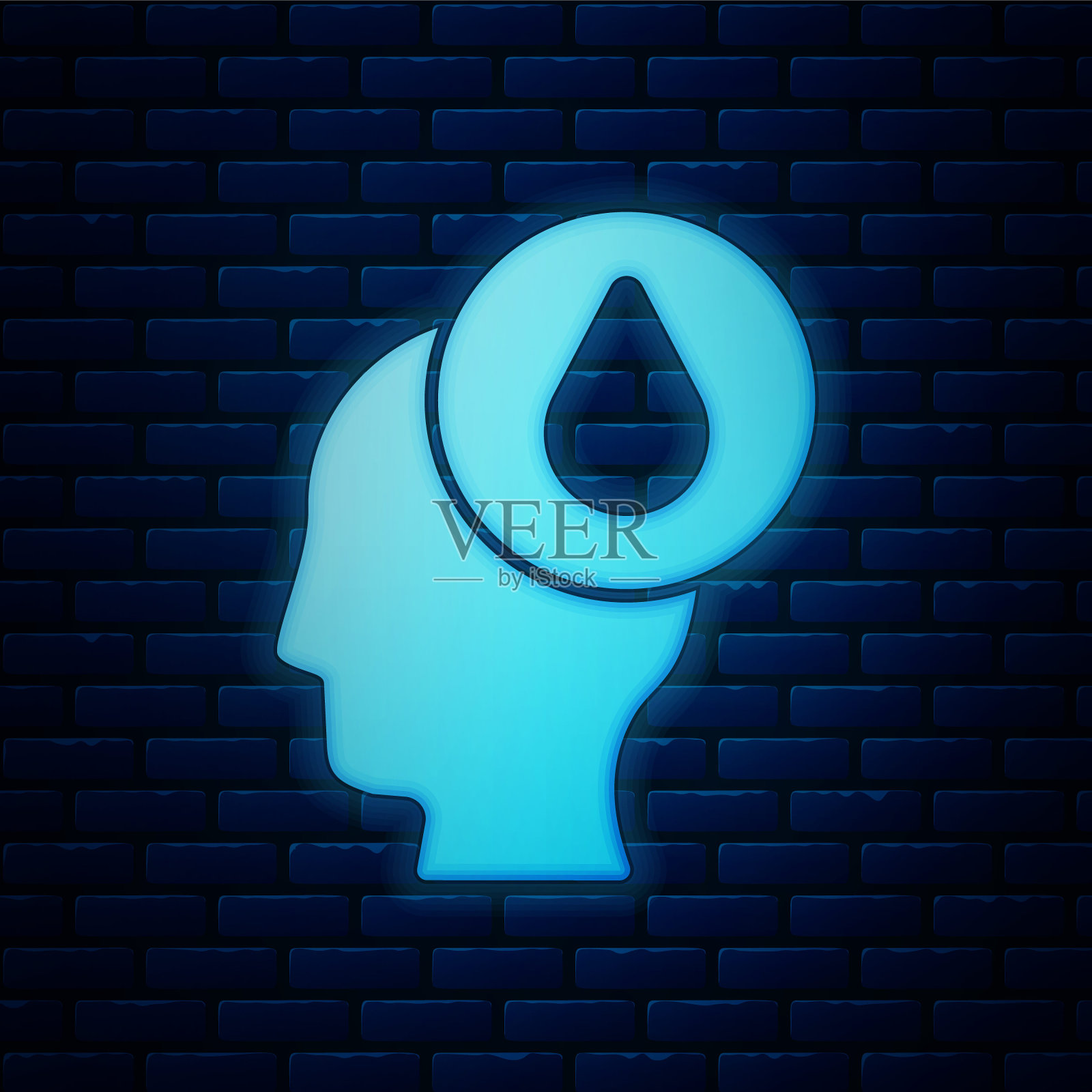 发光的霓虹灯水滴图标孤立的砖墙背景。向量插画图片素材