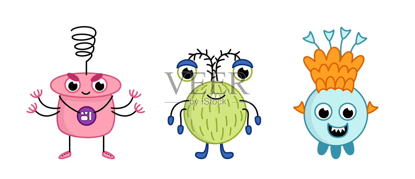 粉色，绿色，蓝色外星人。可爱的怪物。卡通、矢量插画图片素材