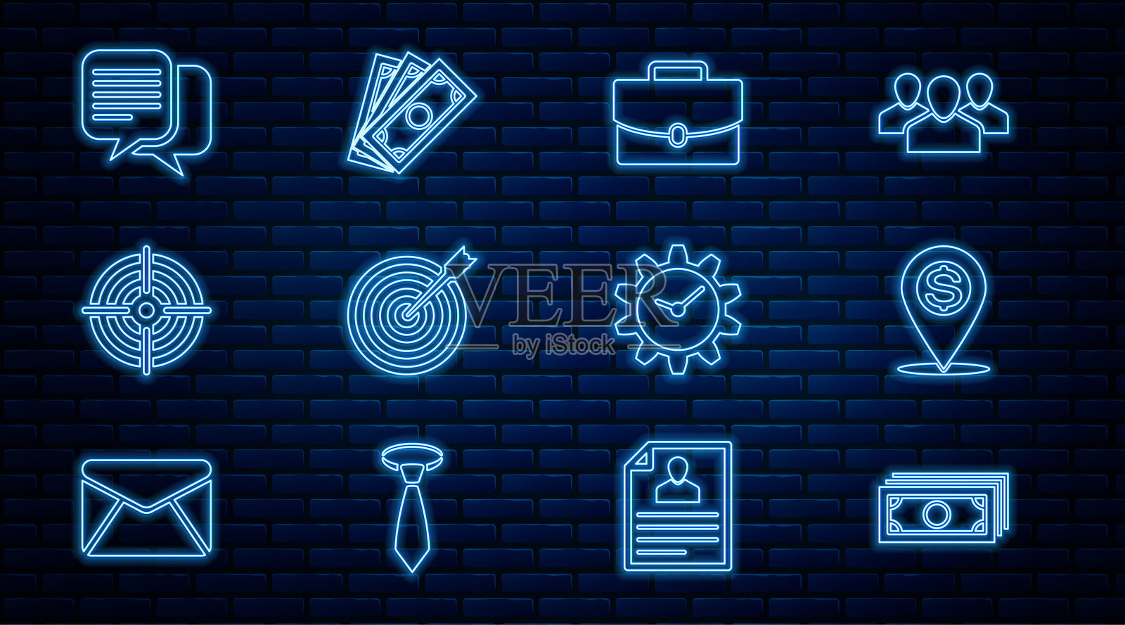 设置线堆栈纸币现金，现金位置针，公文包，目标与箭头，运动，聊天，时间管理和图标。向量插画图片素材