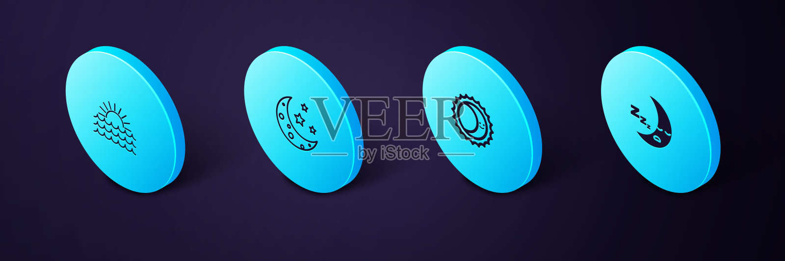 设置等距月亮图标，日食的太阳，和星星和日落图标。向量插画图片素材