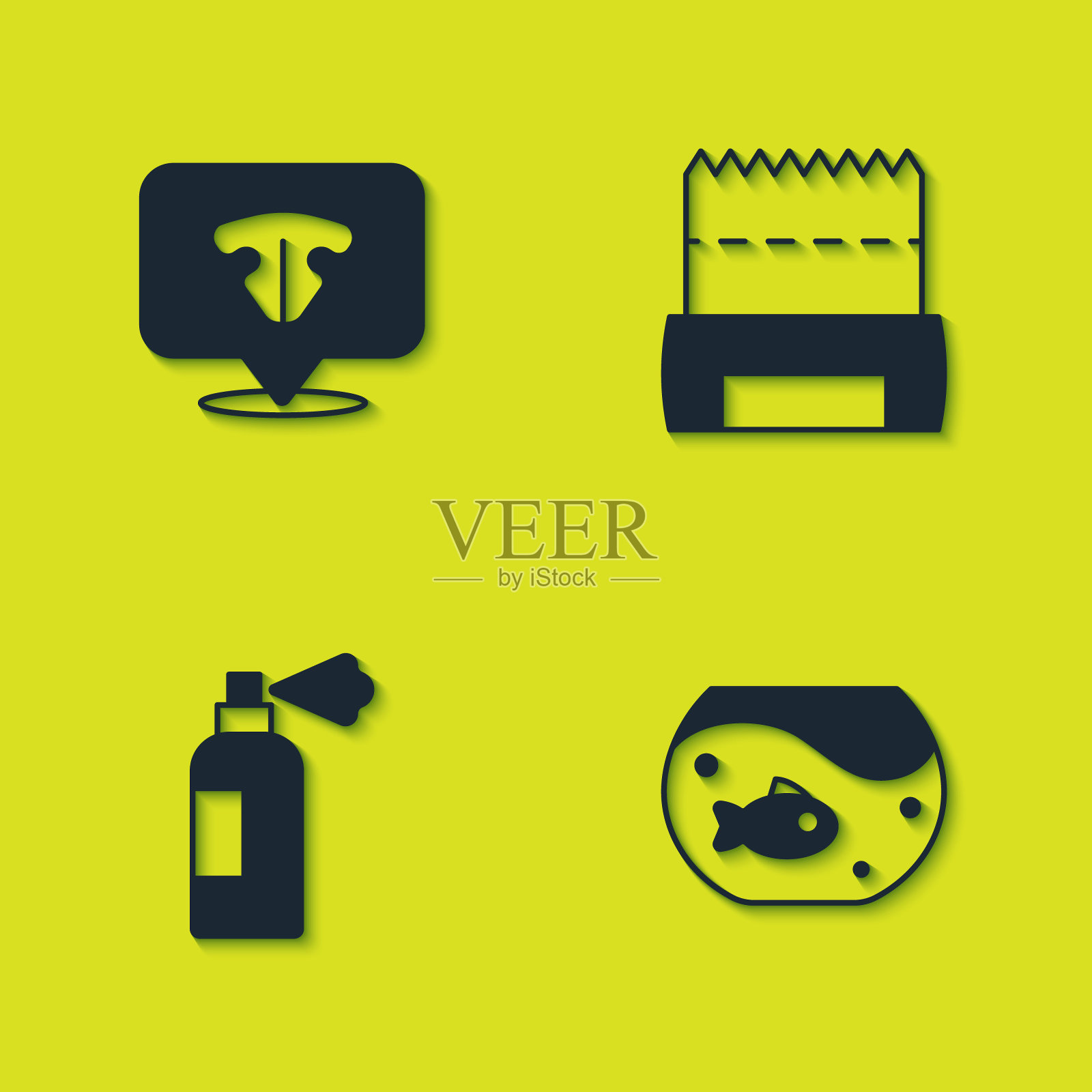 集猫鼻子，水族馆与鱼，宠物洗发水和狗屎在袋图标。向量插画图片素材