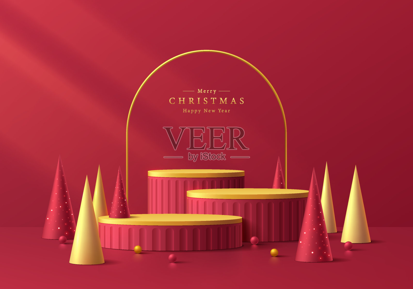3D讲台背景设置。红金色圆柱底座配红金色圣诞树墙景。平台模型产品展示演示。抽象构图，简约设计。舞台展示插画图片素材