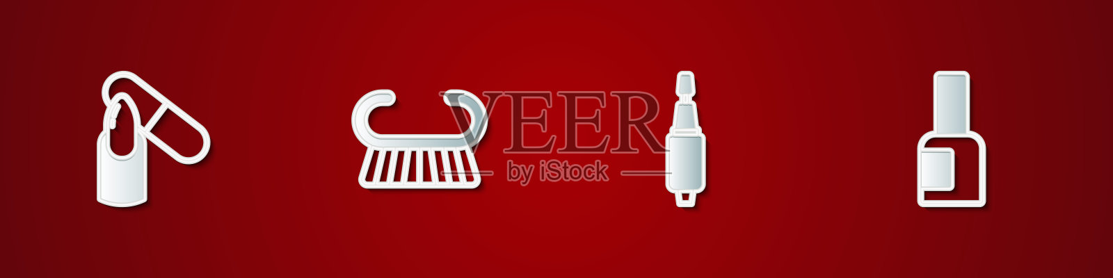 集指甲锉，修脚刷或磨碎器，铣刀修指甲和瓶子指甲油图标。向量插画图片素材