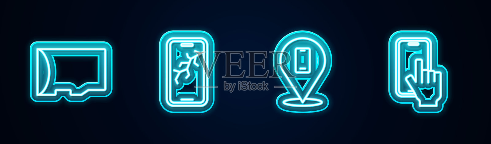 集Micro - SD存储卡、手机破屏、手机维修服务于一体。发光的霓虹灯图标。向量插画图片素材