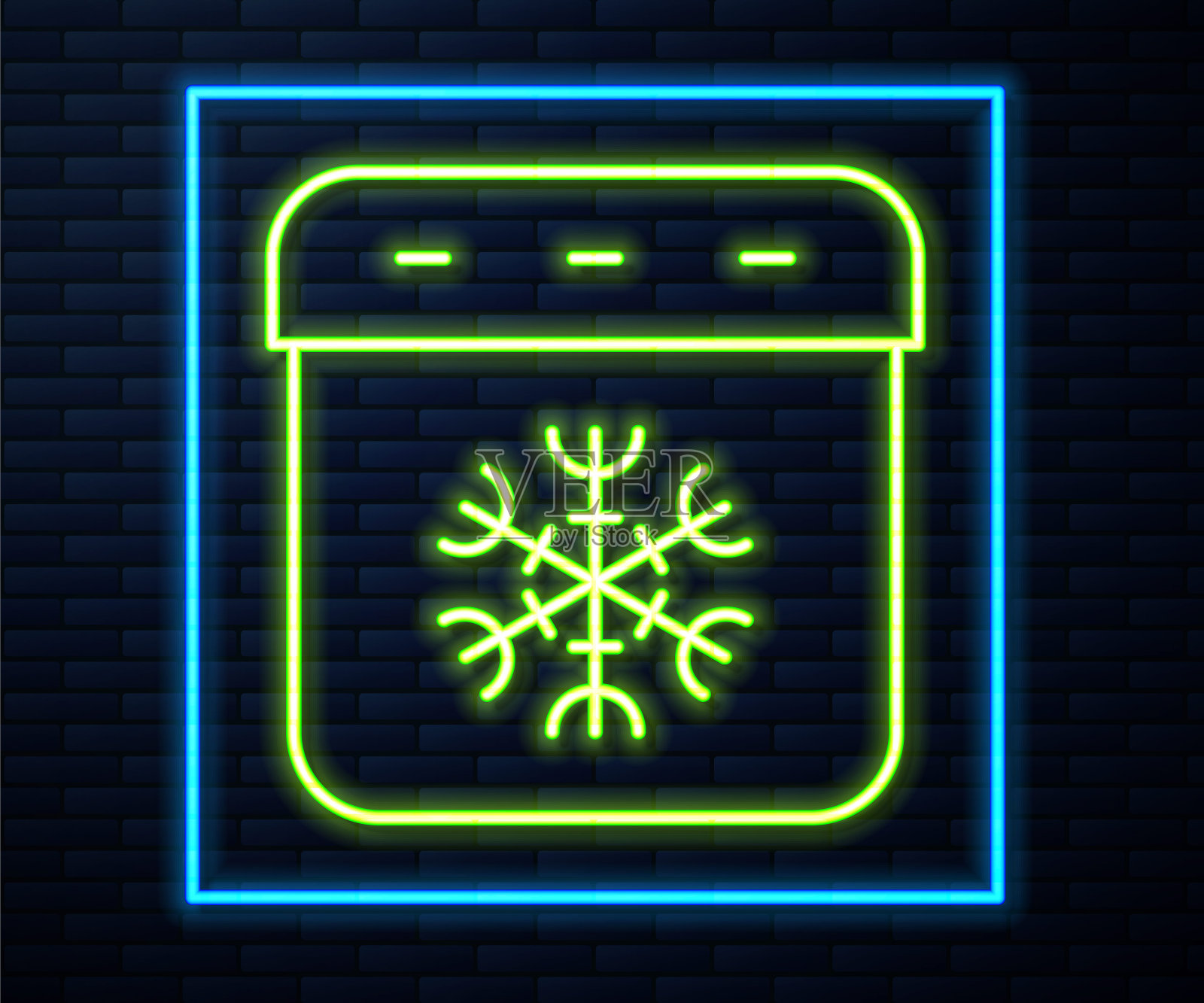 发光的霓虹灯线日历冬季图标隔离在砖墙背景。事件提醒符号。向量插画图片素材