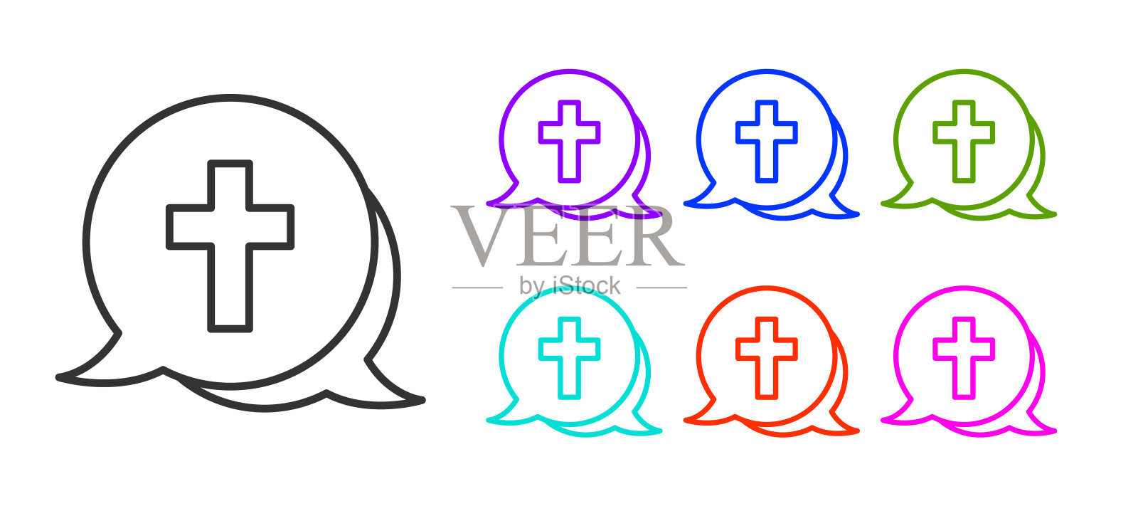 黑线基督教十字图标孤立在白色背景。教堂的十字架。设置图标彩色。向量插画图片素材