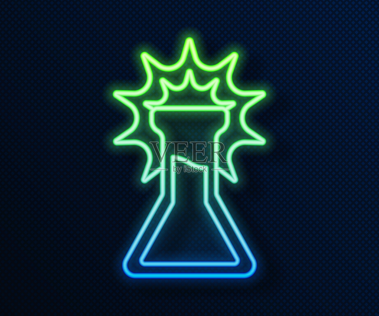 发光的霓虹灯线试管和烧瓶图标隔离在蓝色背景。化学实验室测试。实验室玻璃器皿。向量插画图片素材