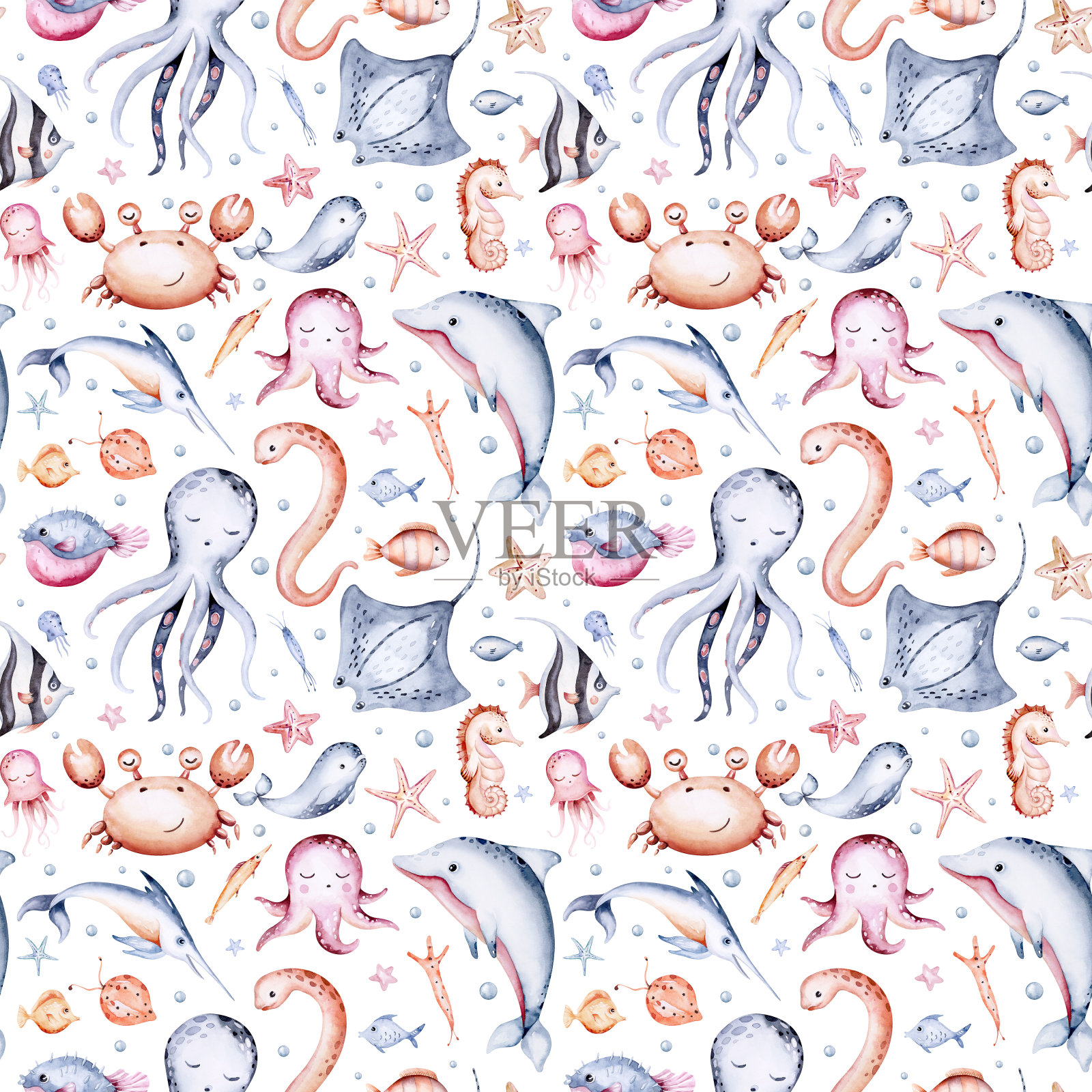 海洋卡通动物的无缝图案。蓝色水彩海洋鱼，海龟，鲸鱼和珊瑚。贝壳水族馆海豚，蟹章鱼航海插图，水母，海星插画图片素材