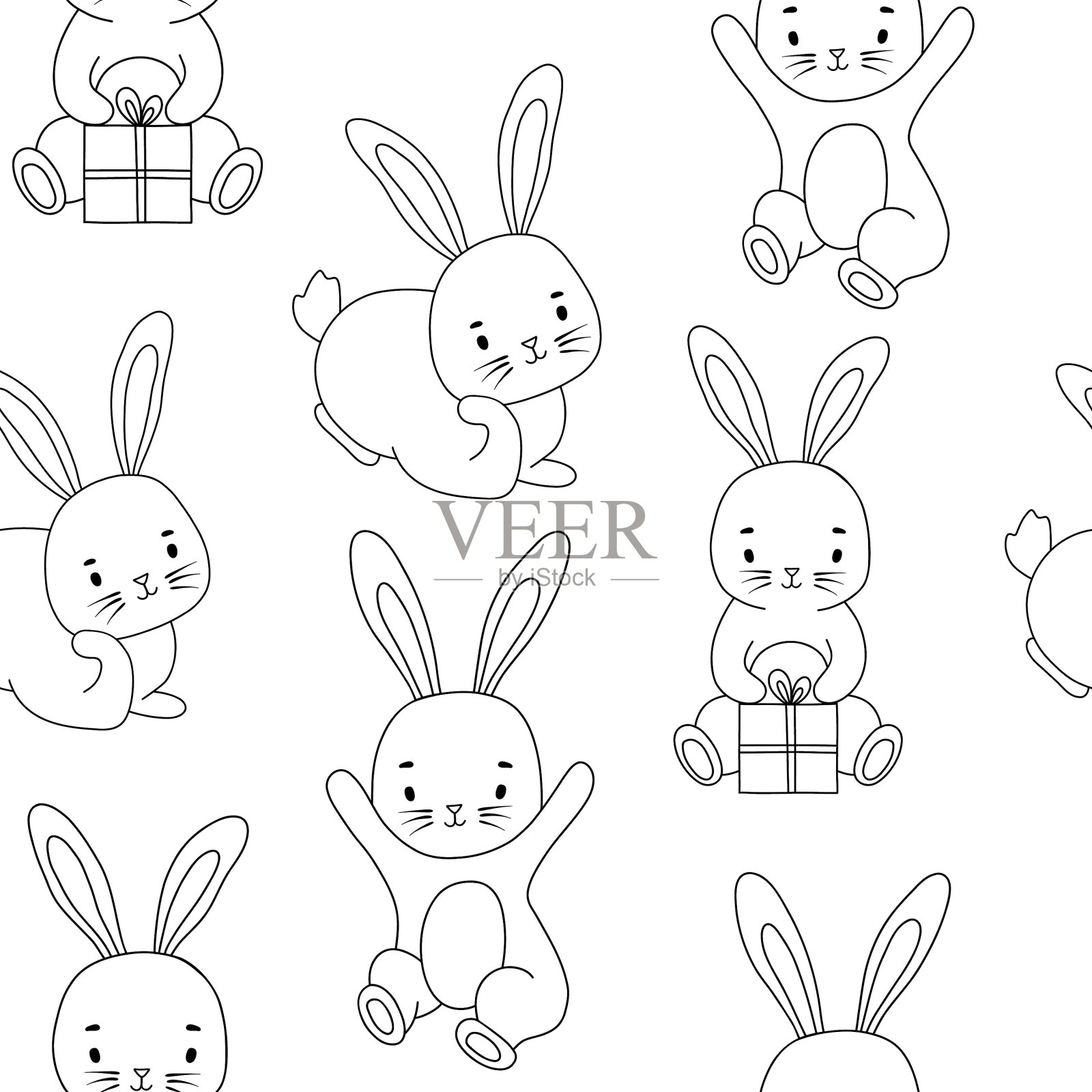 无缝线单色图案与可爱的兔子插画图片素材